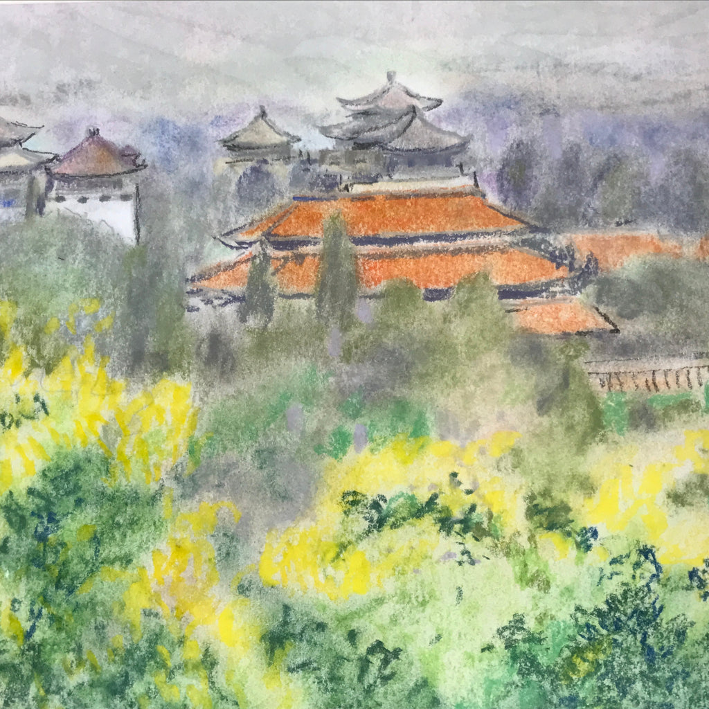 Japanese Pastel Drawing Chinese Temple Landscape Art Signed Artist Unknown FL351