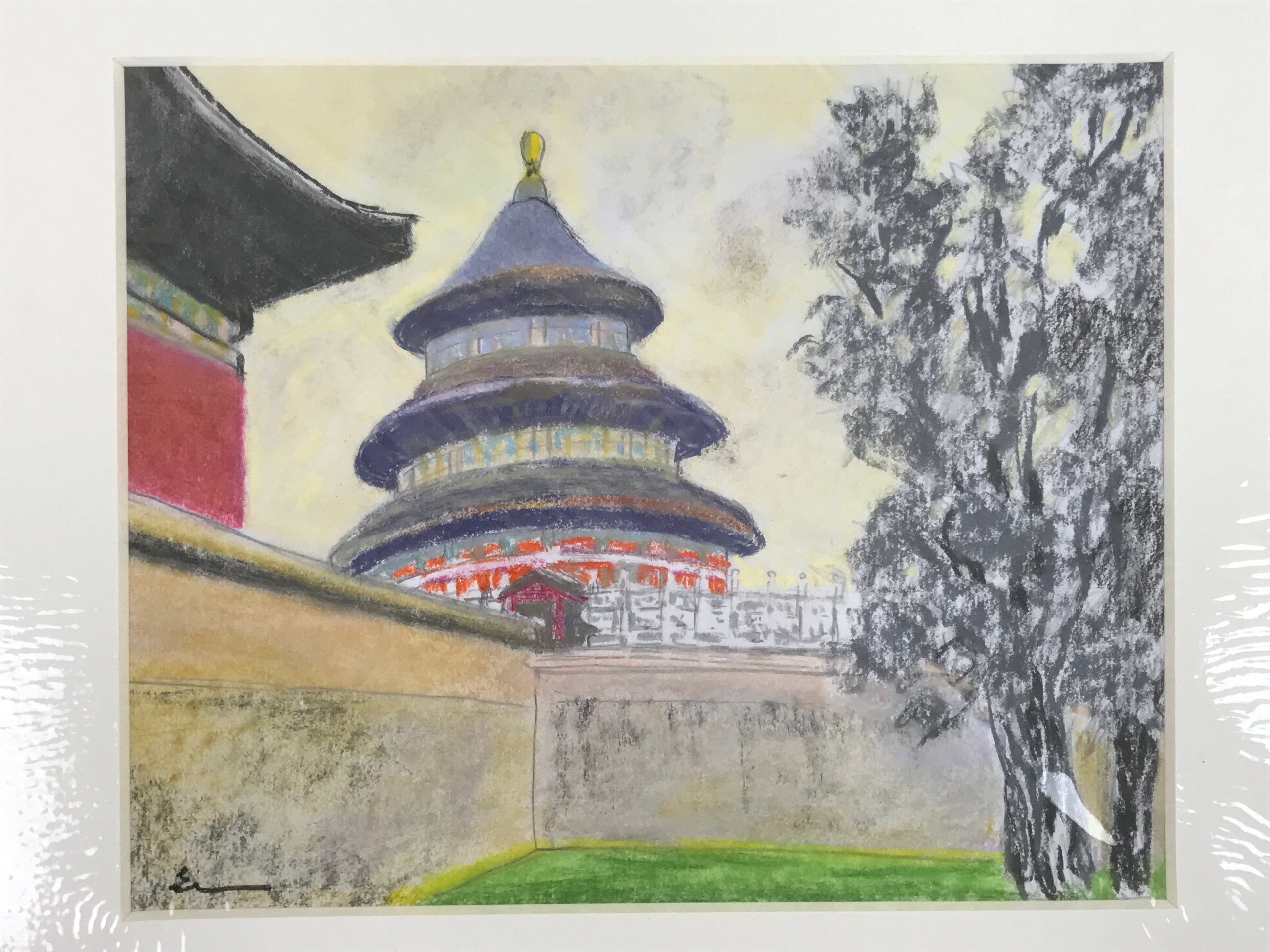Japanese Pastel Drawing Chinese Temple Of Heaven Art Signed Artist Unknown FL347