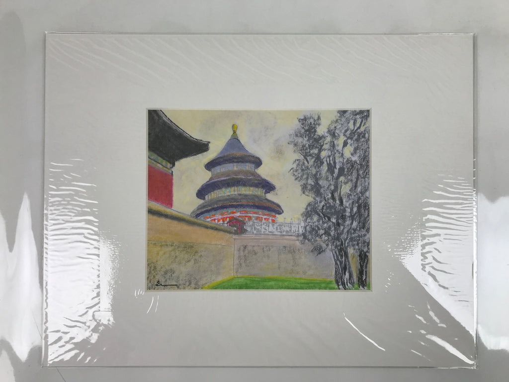 Japanese Pastel Drawing Chinese Temple Of Heaven Art Signed Artist Unknown FL347