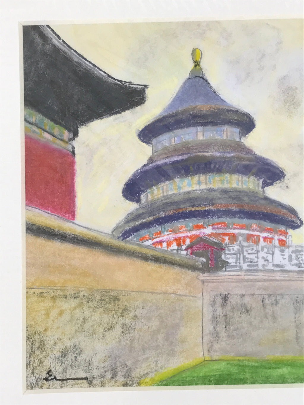 Japanese Pastel Drawing Chinese Temple Of Heaven Art Signed Artist Unknown FL347