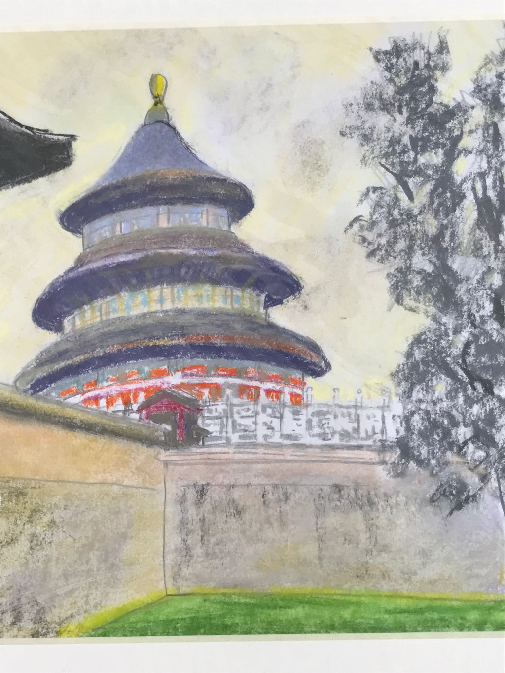 Japanese Pastel Drawing Chinese Temple Of Heaven Art Signed Artist Unknown FL347