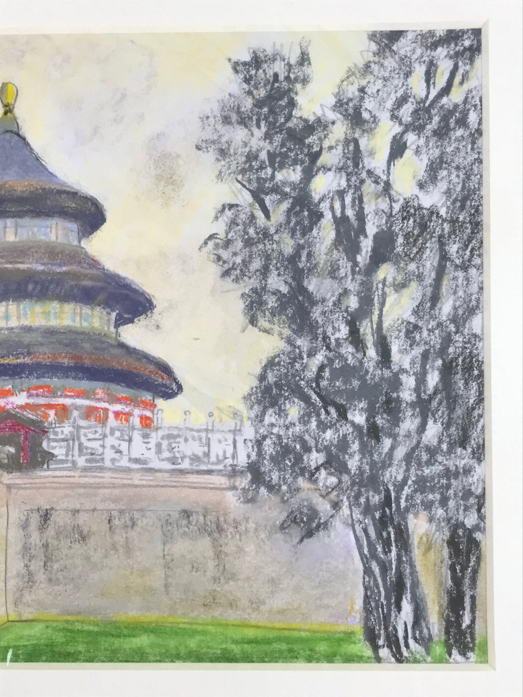 Japanese Pastel Drawing Chinese Temple Of Heaven Art Signed Artist Unknown FL347