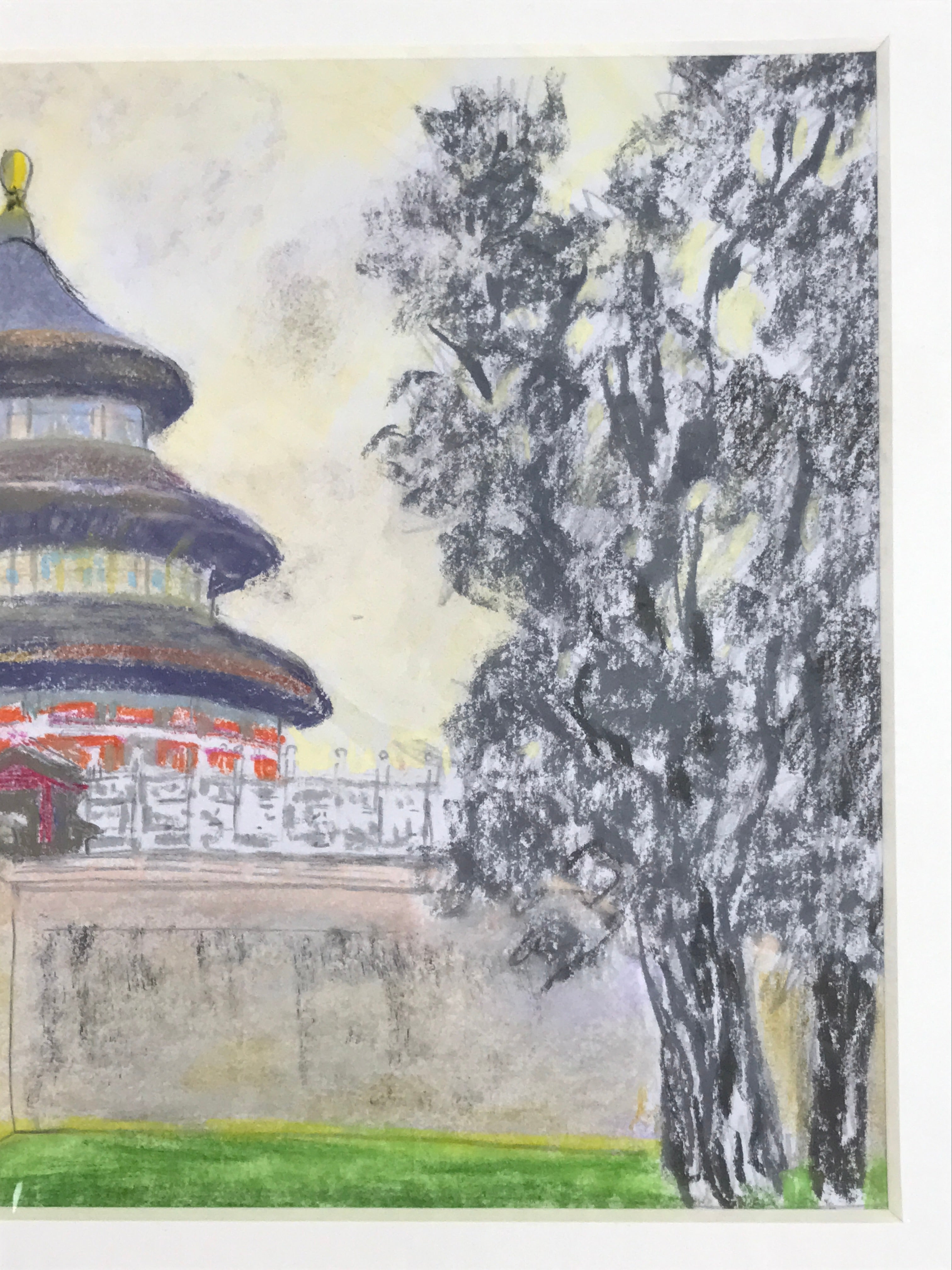 Japanese Pastel Drawing Chinese Temple Of Heaven Art Signed Artist Unknown FL347