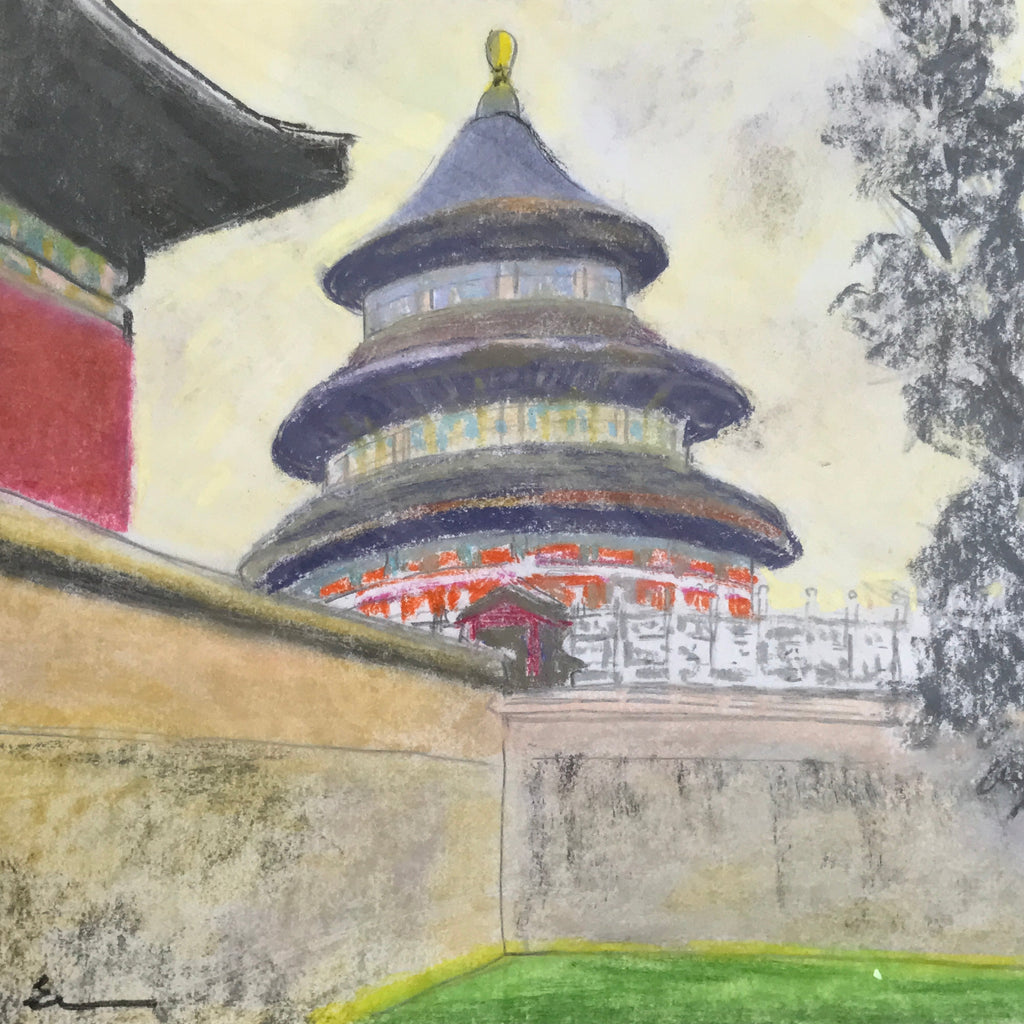 Japanese Pastel Drawing Chinese Temple Of Heaven Art Signed Artist Unknown FL347