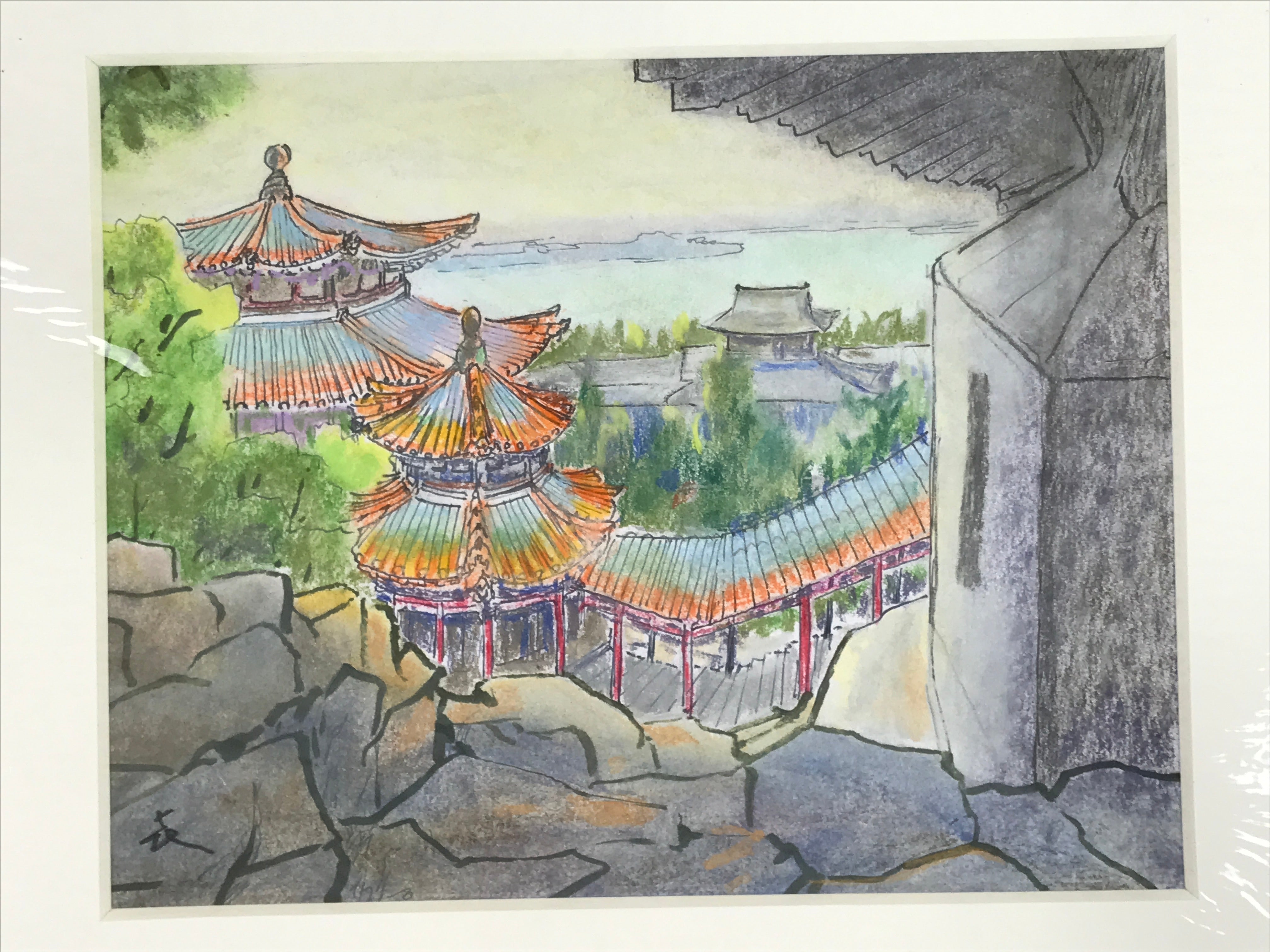 Japanese Pastel Drawing Chinese Temple Stairs Art Signed Artist Unknown FL350