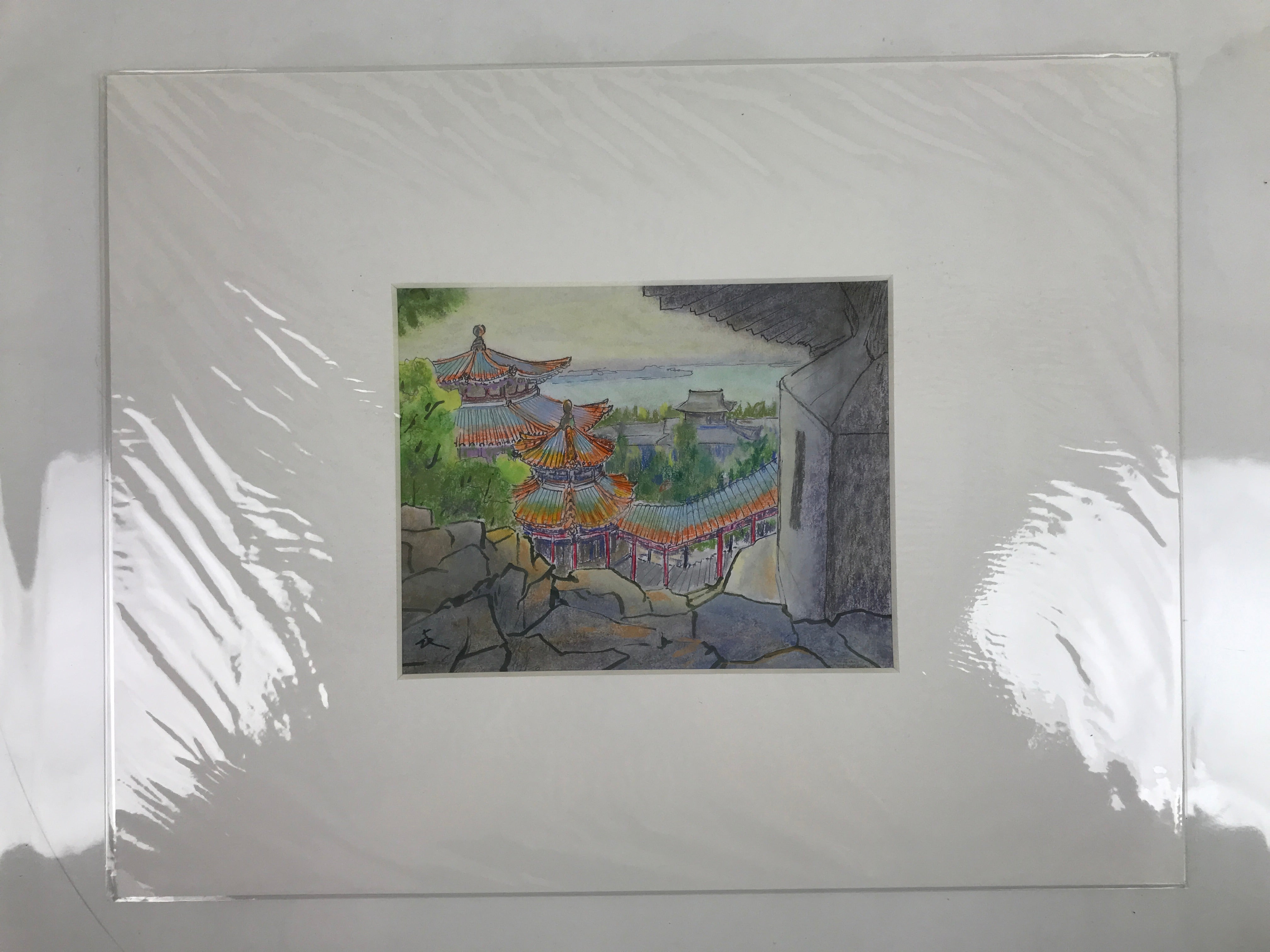 Japanese Pastel Drawing Chinese Temple Stairs Art Signed Artist Unknown FL350