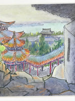 Japanese Pastel Drawing Chinese Temple Stairs Art Signed Artist Unknown FL350