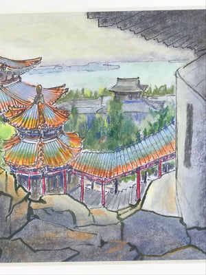 Japanese Pastel Drawing Chinese Temple Stairs Art Signed Artist Unknown FL350