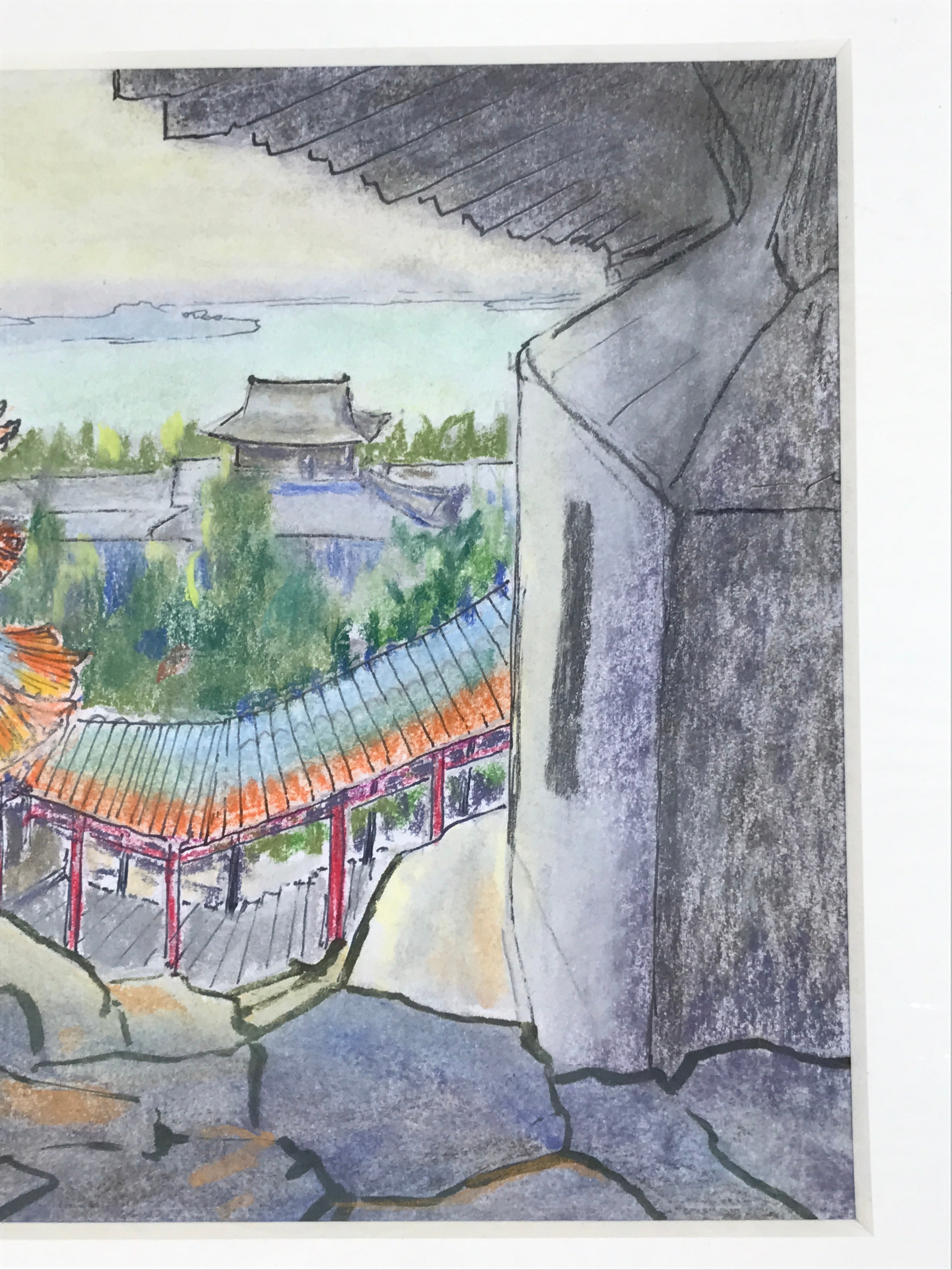 Japanese Pastel Drawing Chinese Temple Stairs Art Signed Artist Unknown FL350