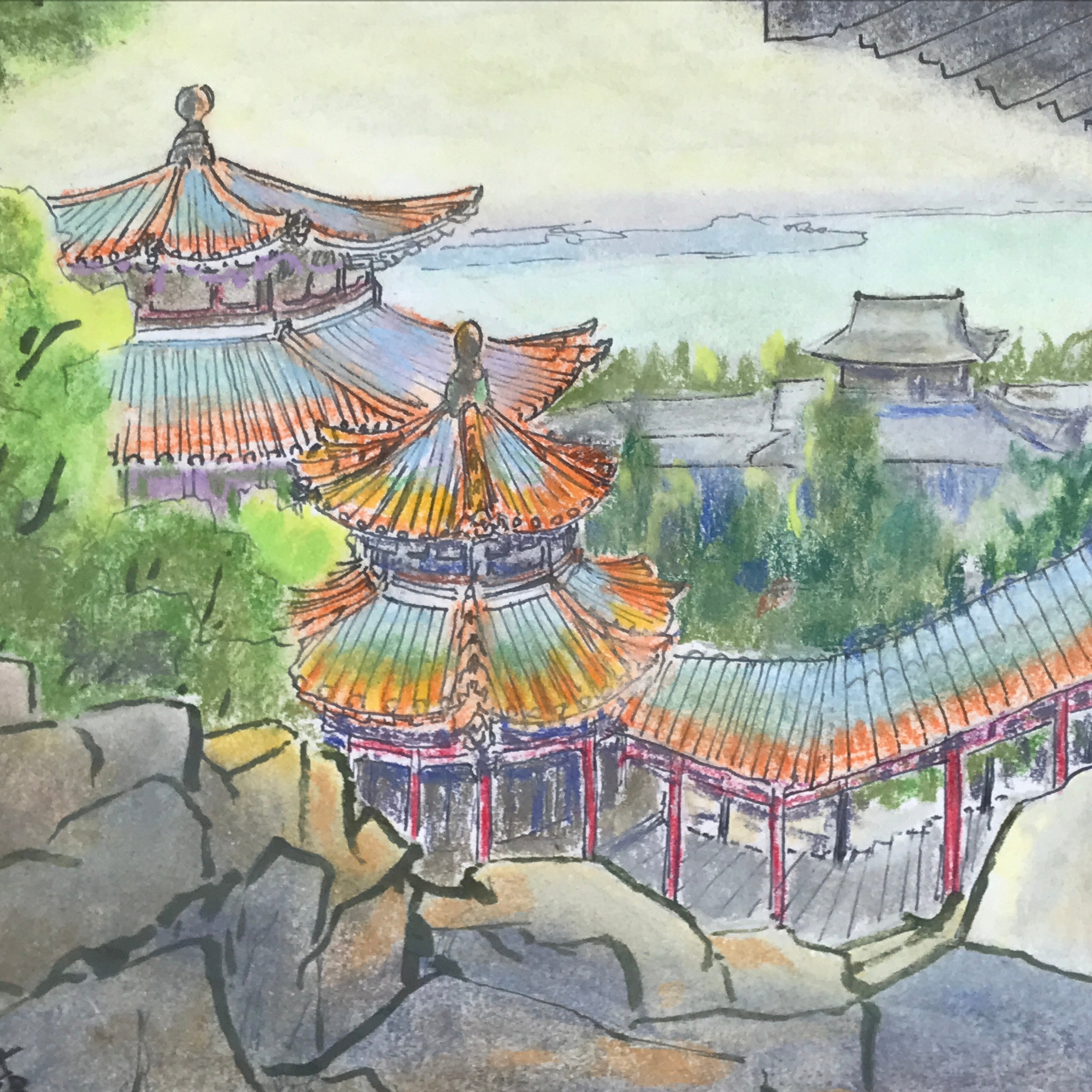 Japanese Pastel Drawing Chinese Temple Stairs Art Signed Artist Unknown FL350