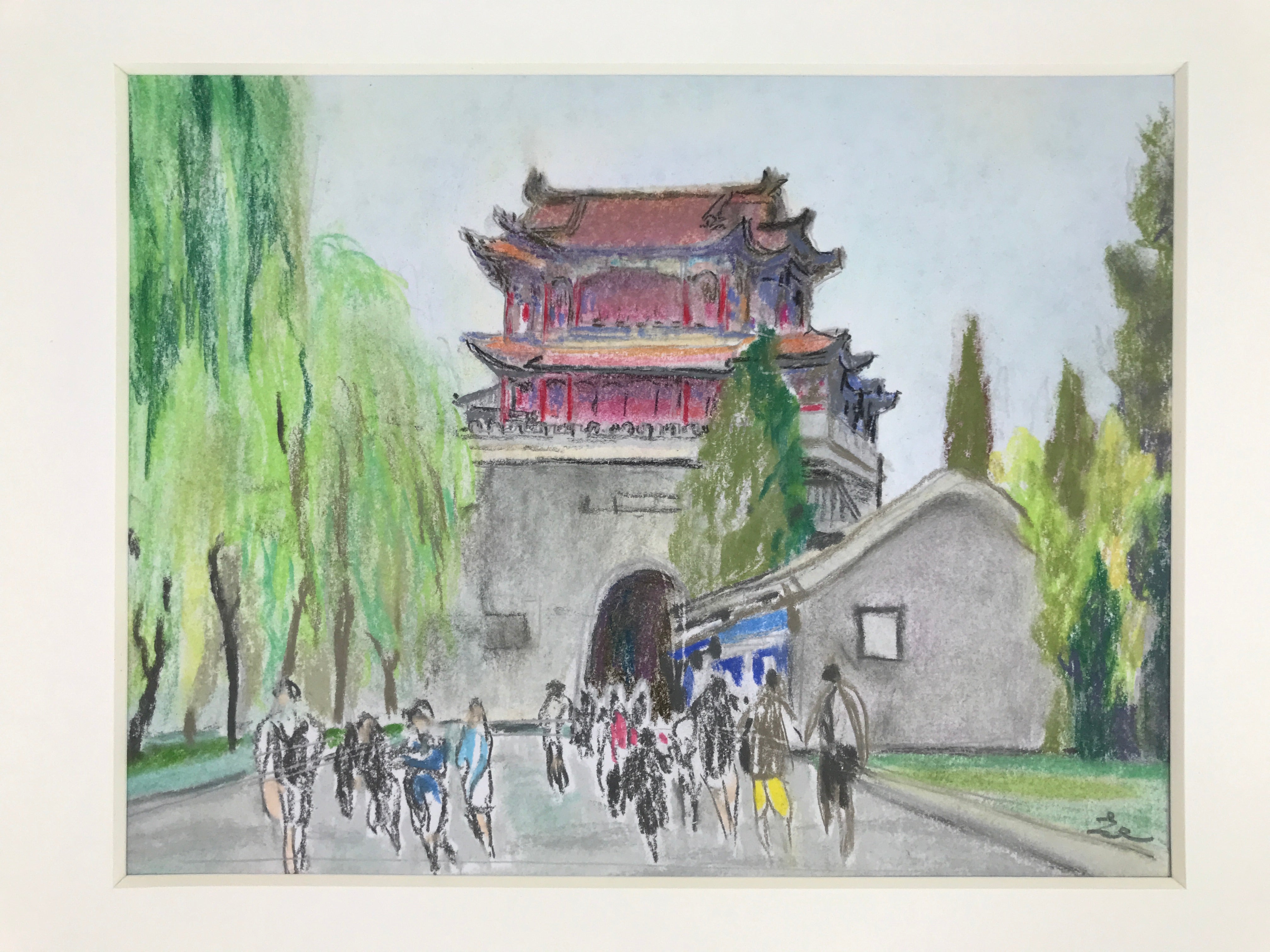 Japanese Pastel Drawing Wenchang Pavillion Gate Art Signed Artist Unknown FL349