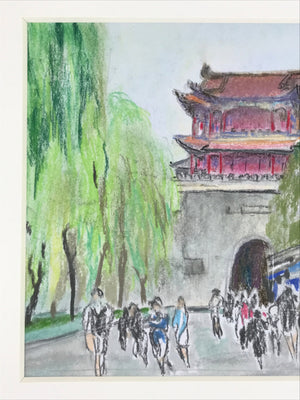 Japanese Pastel Drawing Wenchang Pavillion Gate Art Signed Artist Unknown FL349