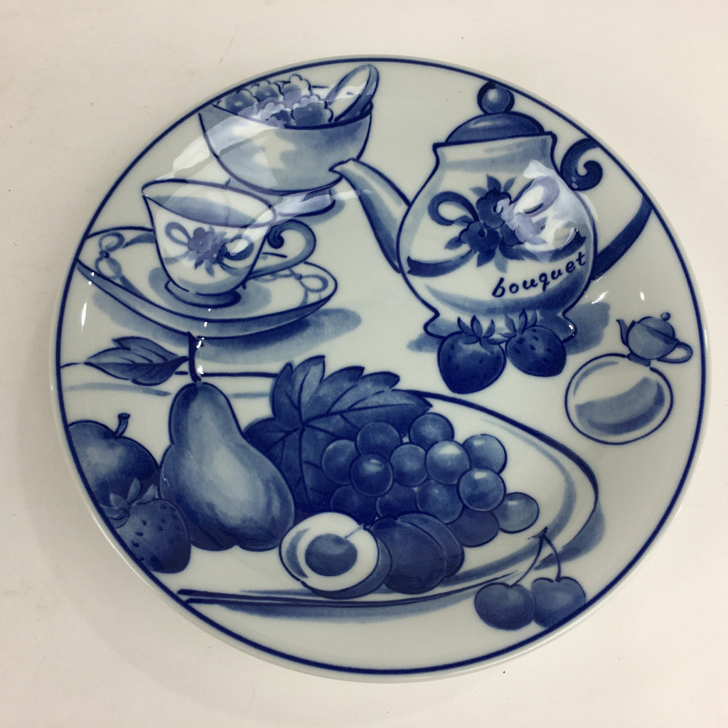 Japanese Picnic Basket Set For 5 Person Vtg Blue Picture Plate Spoon Place Mat J