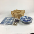Japanese Picnic Basket Set For 5 Person Vtg Blue Picture Plate Spoon Place Mat J