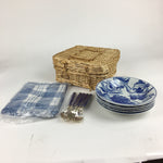 Japanese Picnic Basket Set For 5 Person Vtg Blue Picture Plate Spoon Place Mat J