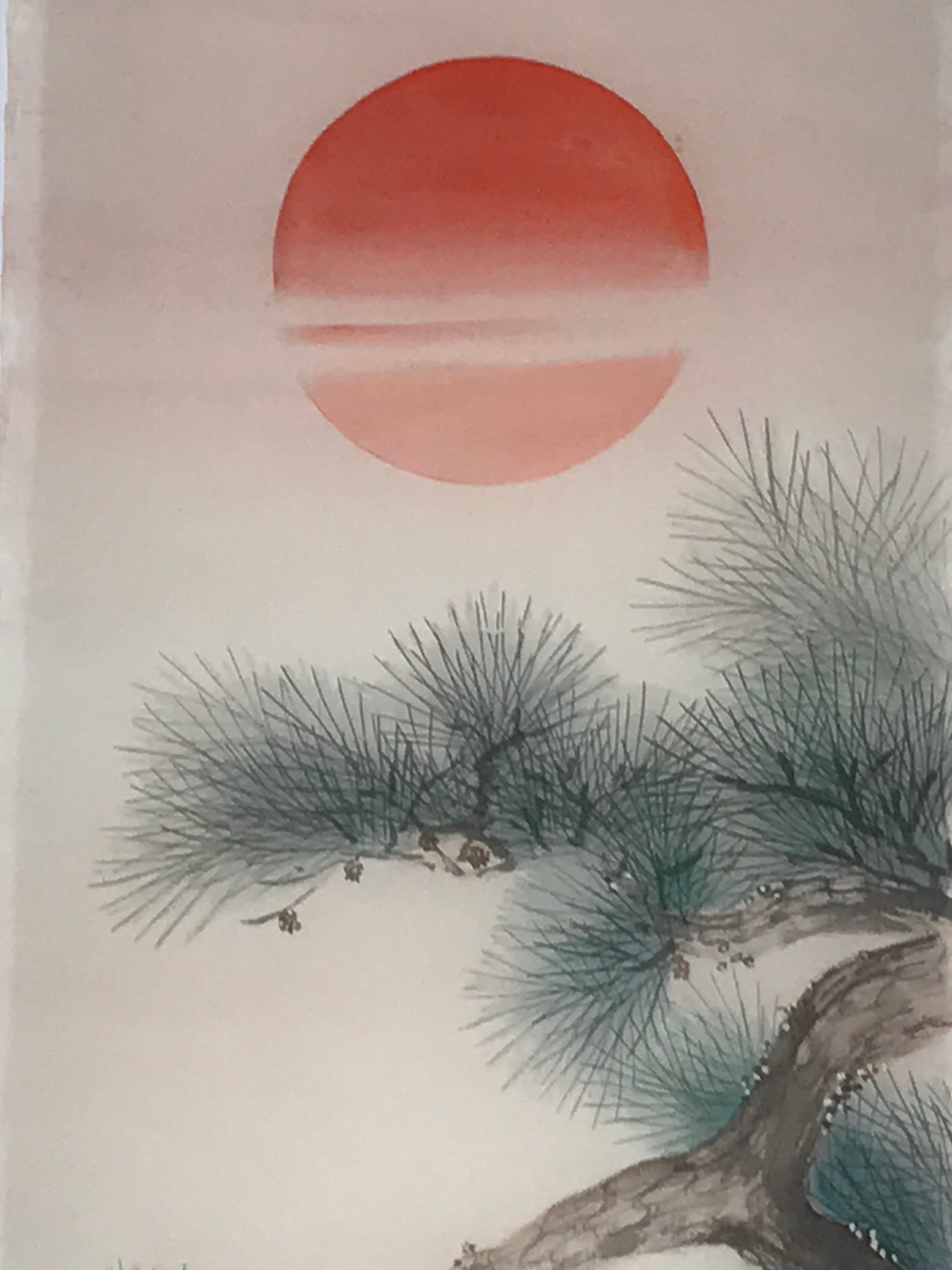 Japanese Picture For Hanging Scroll Vtg Rising Red Sun Waves Pine Tree SC989