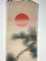 Japanese Picture For Hanging Scroll Vtg Rising Red Sun Waves Pine Tree SC989