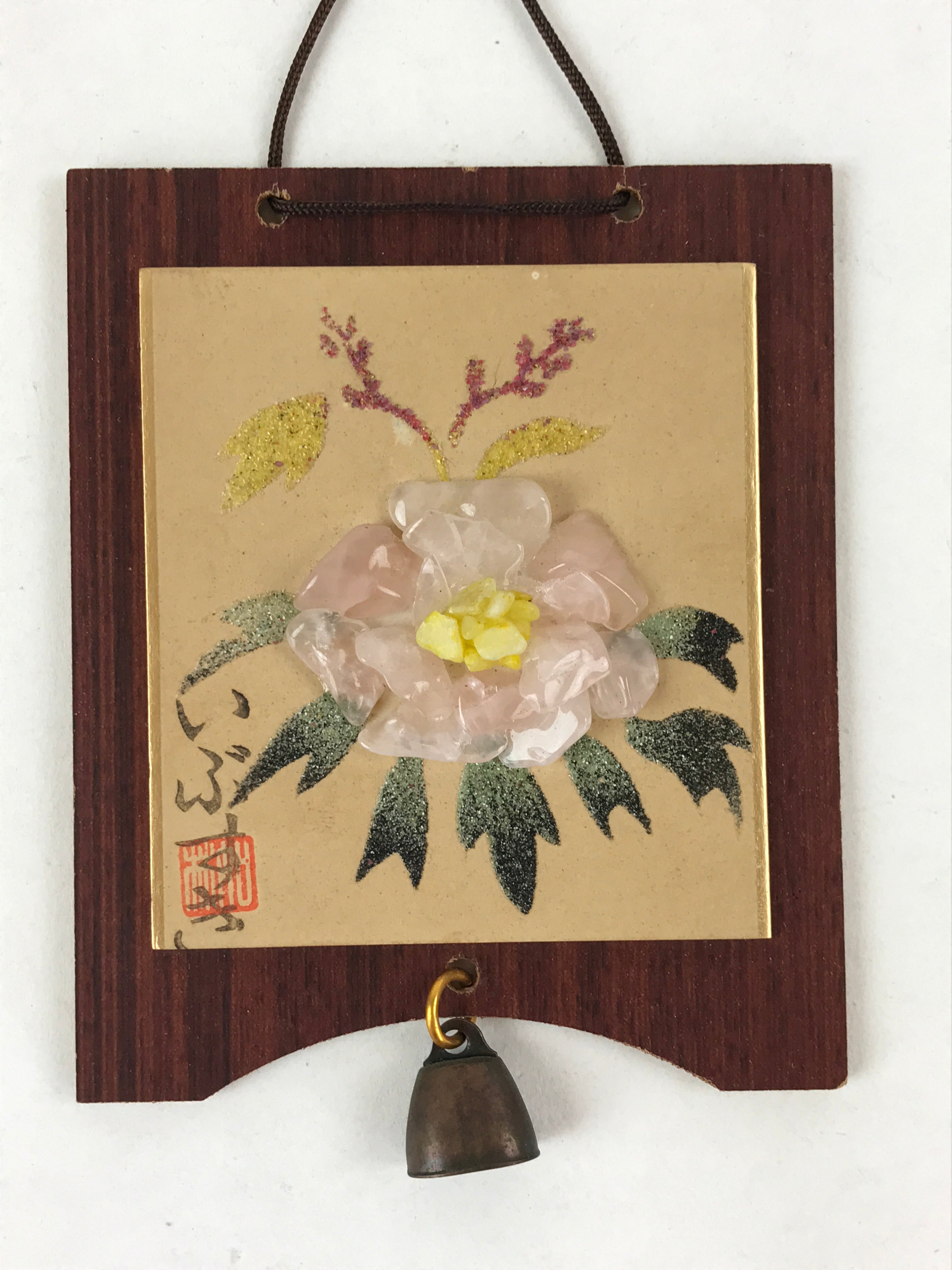 Japanese Pink Quartz Hanging Decoration Vtg Handmade Craft Wood Gemstone JK599