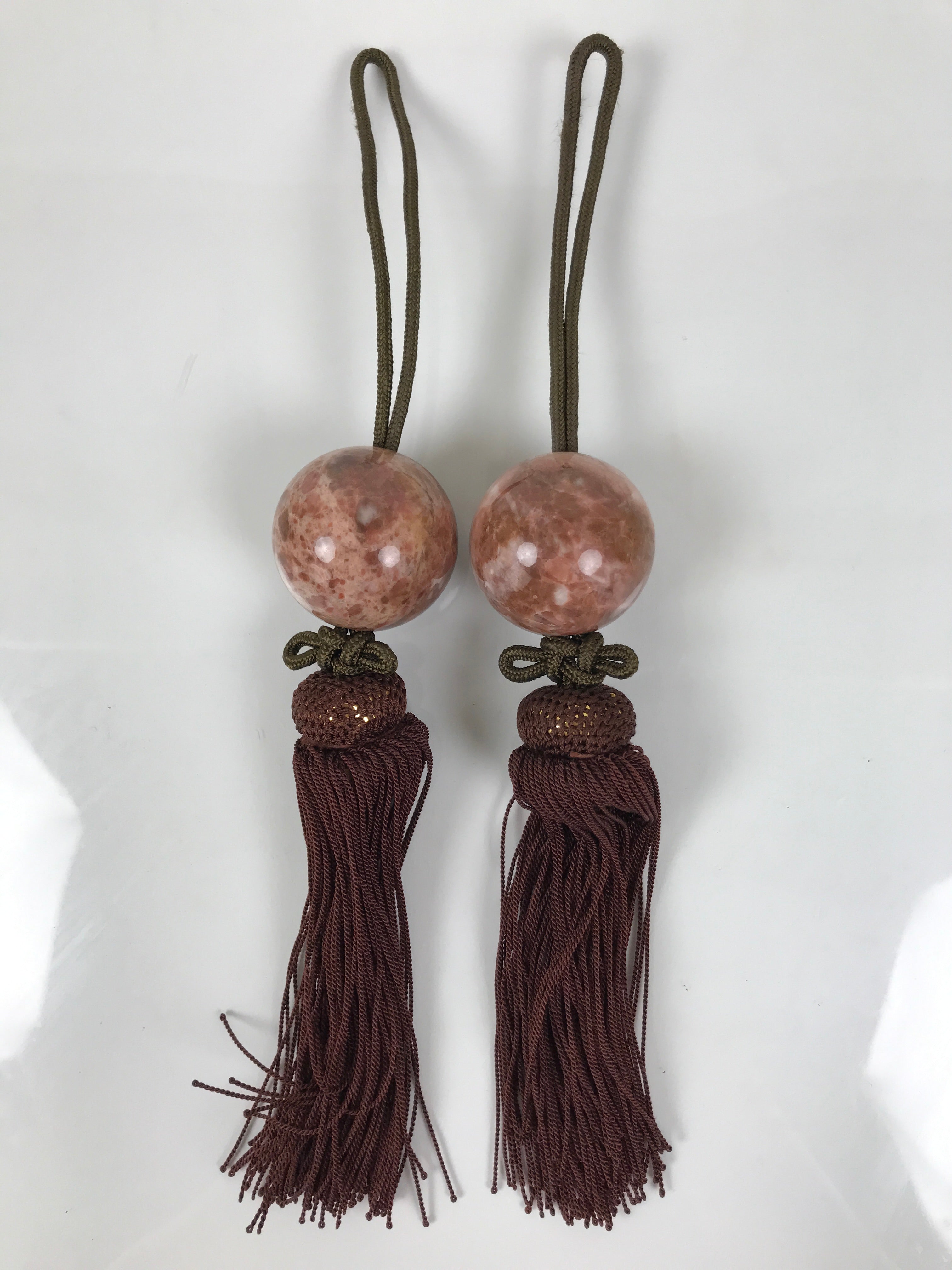 Japanese Pink Stone Hanging Scroll Weights Fuchin Kakejiku Brown Tassel FC364