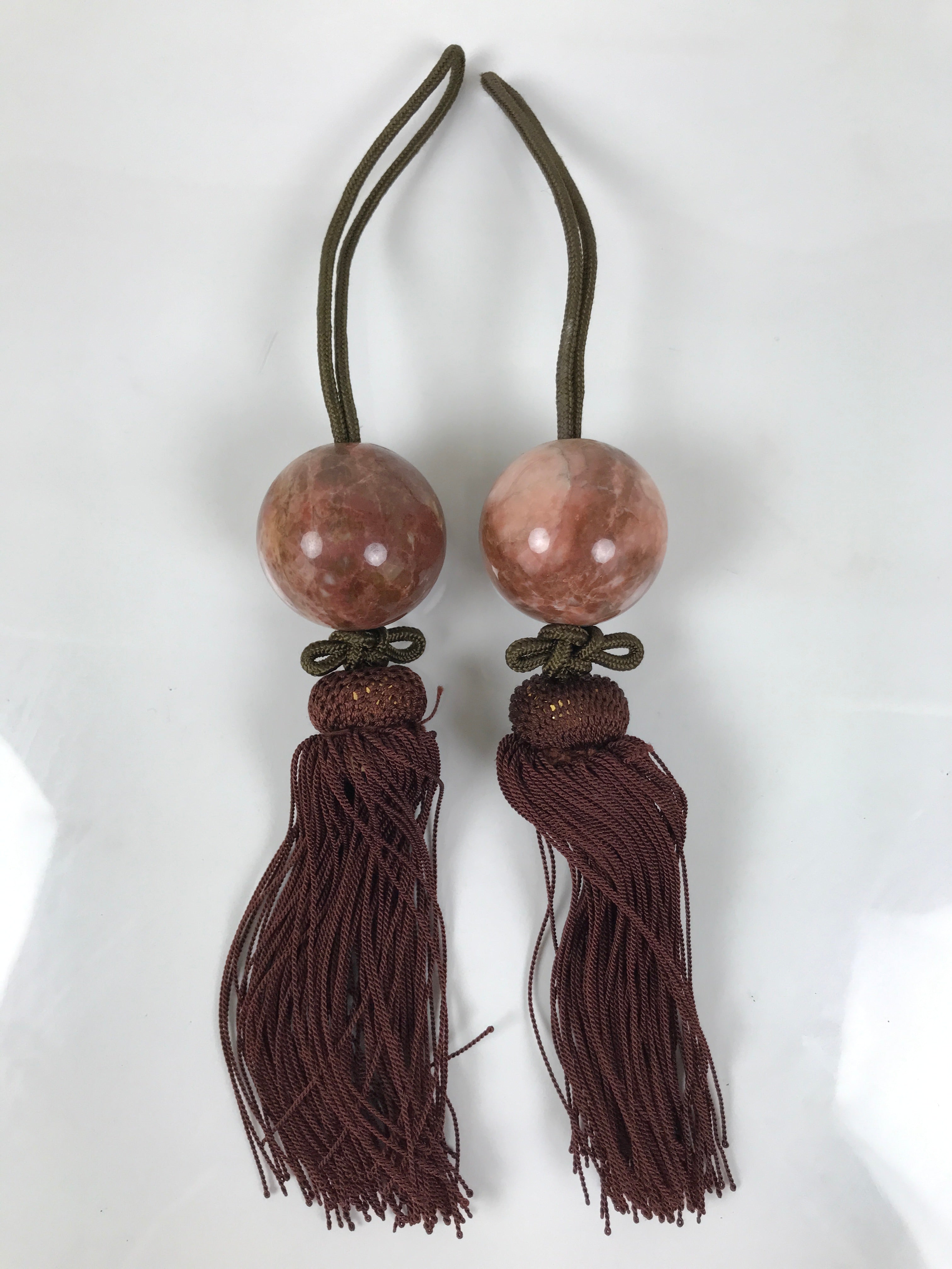 Japanese Pink Stone Hanging Scroll Weights Fuchin Kakejiku Brown Tassel FC364