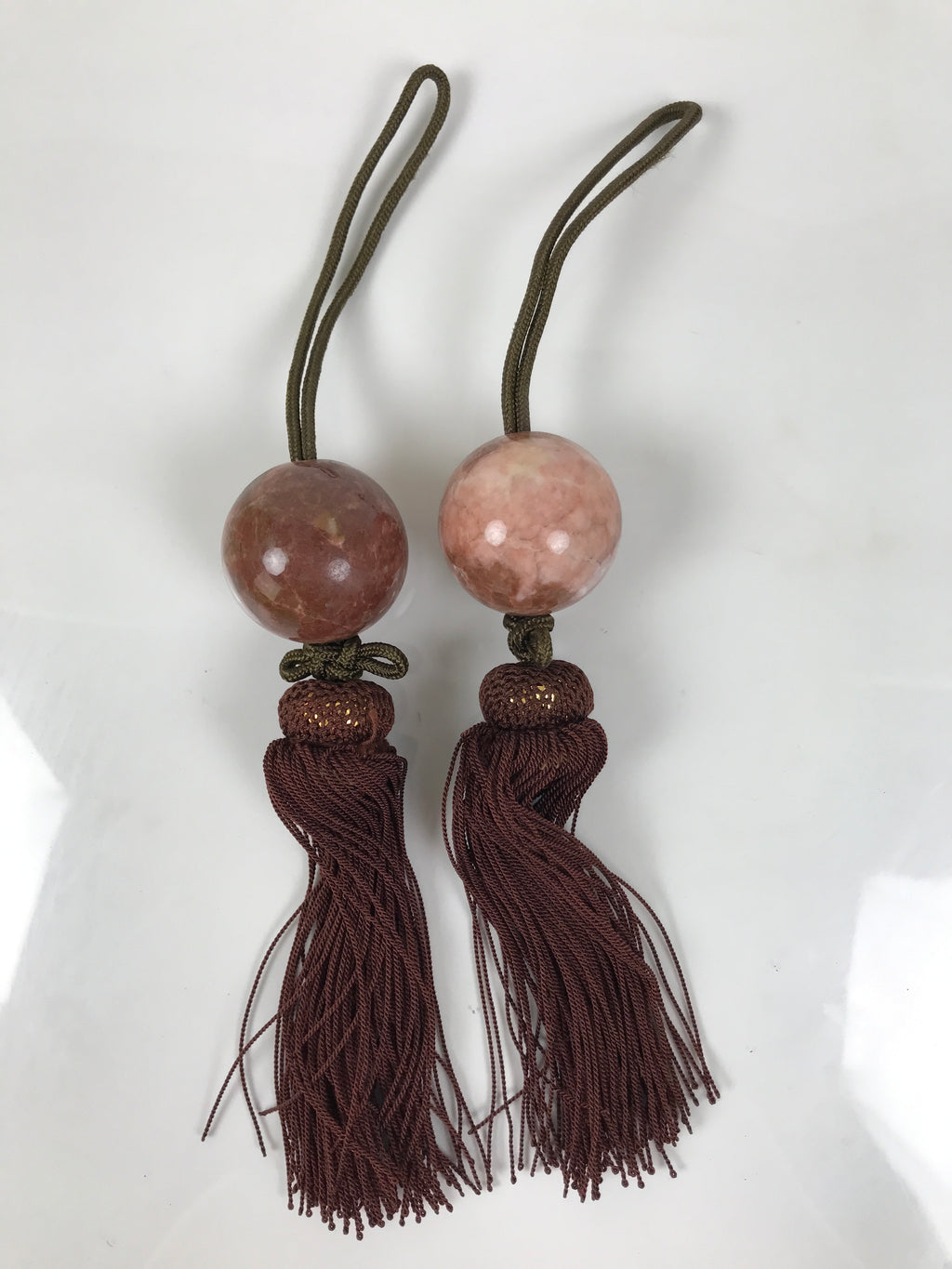 Japanese Pink Stone Hanging Scroll Weights Fuchin Kakejiku Brown Tassel FC364
