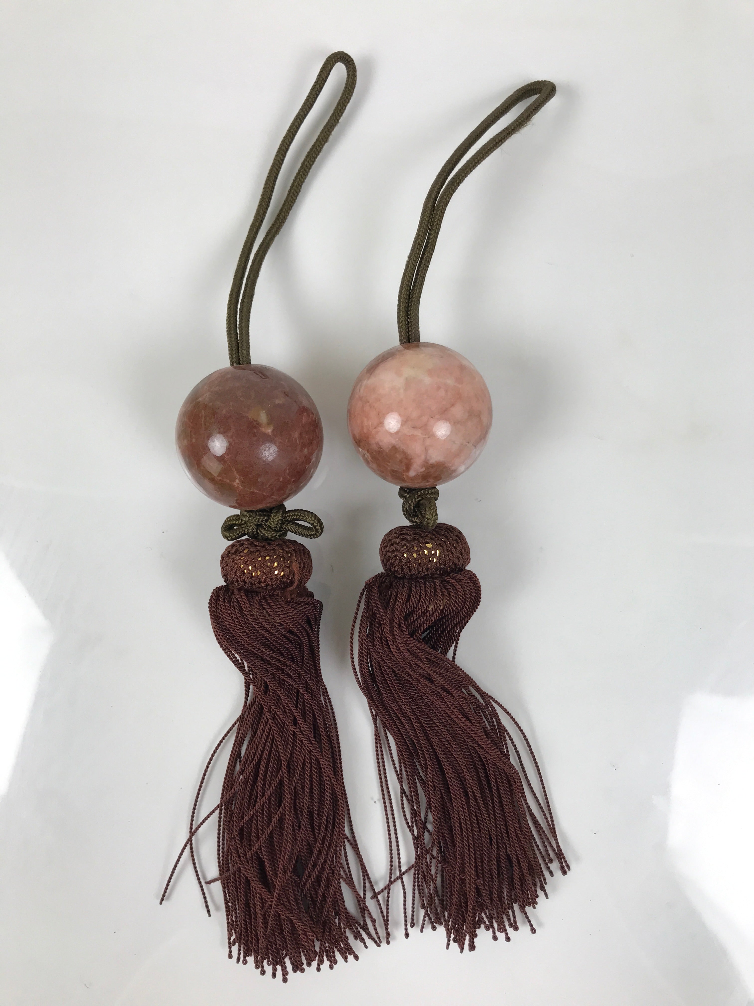 Japanese Pink Stone Hanging Scroll Weights Fuchin Kakejiku Brown Tassel FC364