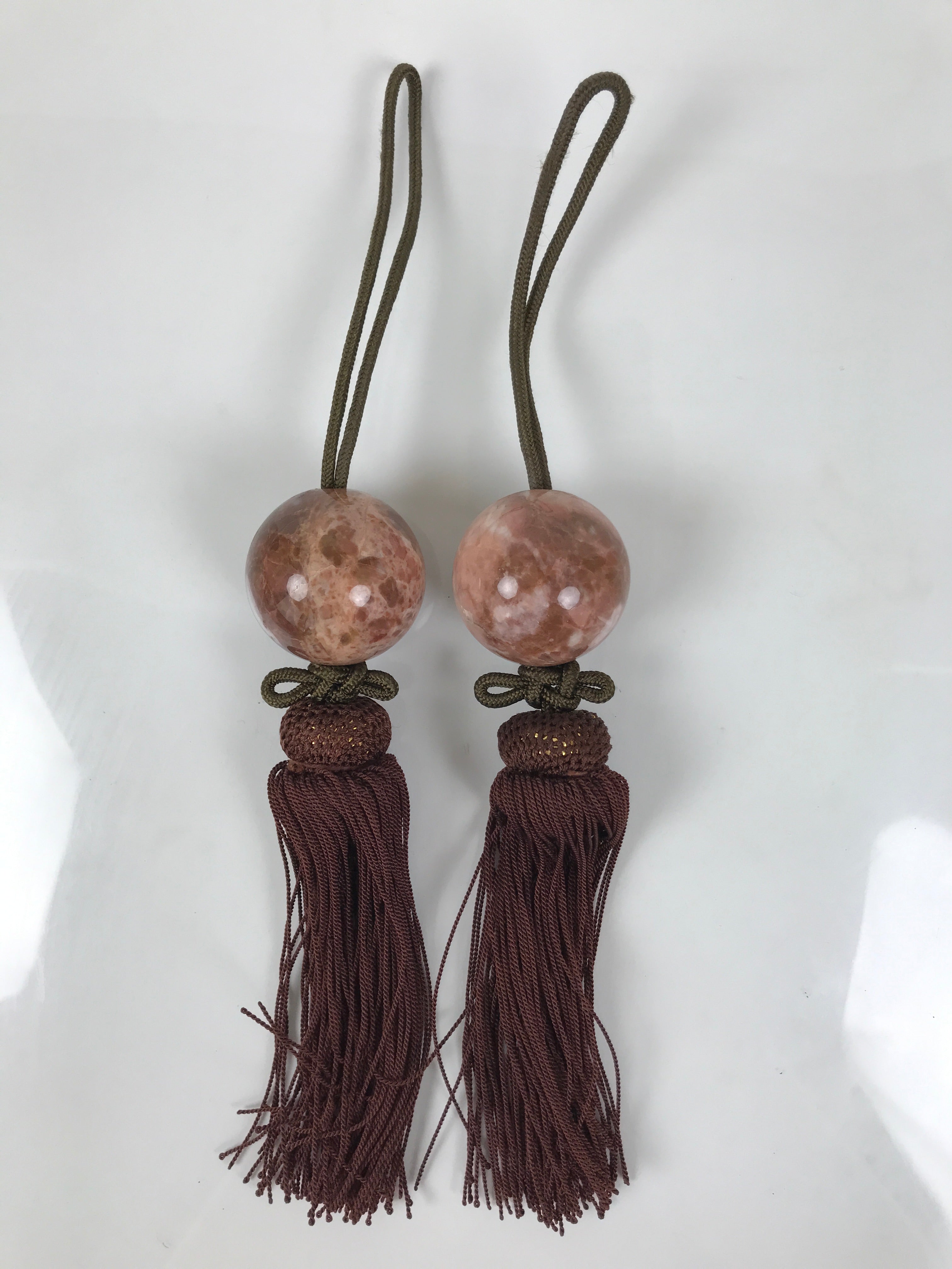 Japanese Pink Stone Hanging Scroll Weights Fuchin Kakejiku Brown Tassel FC364