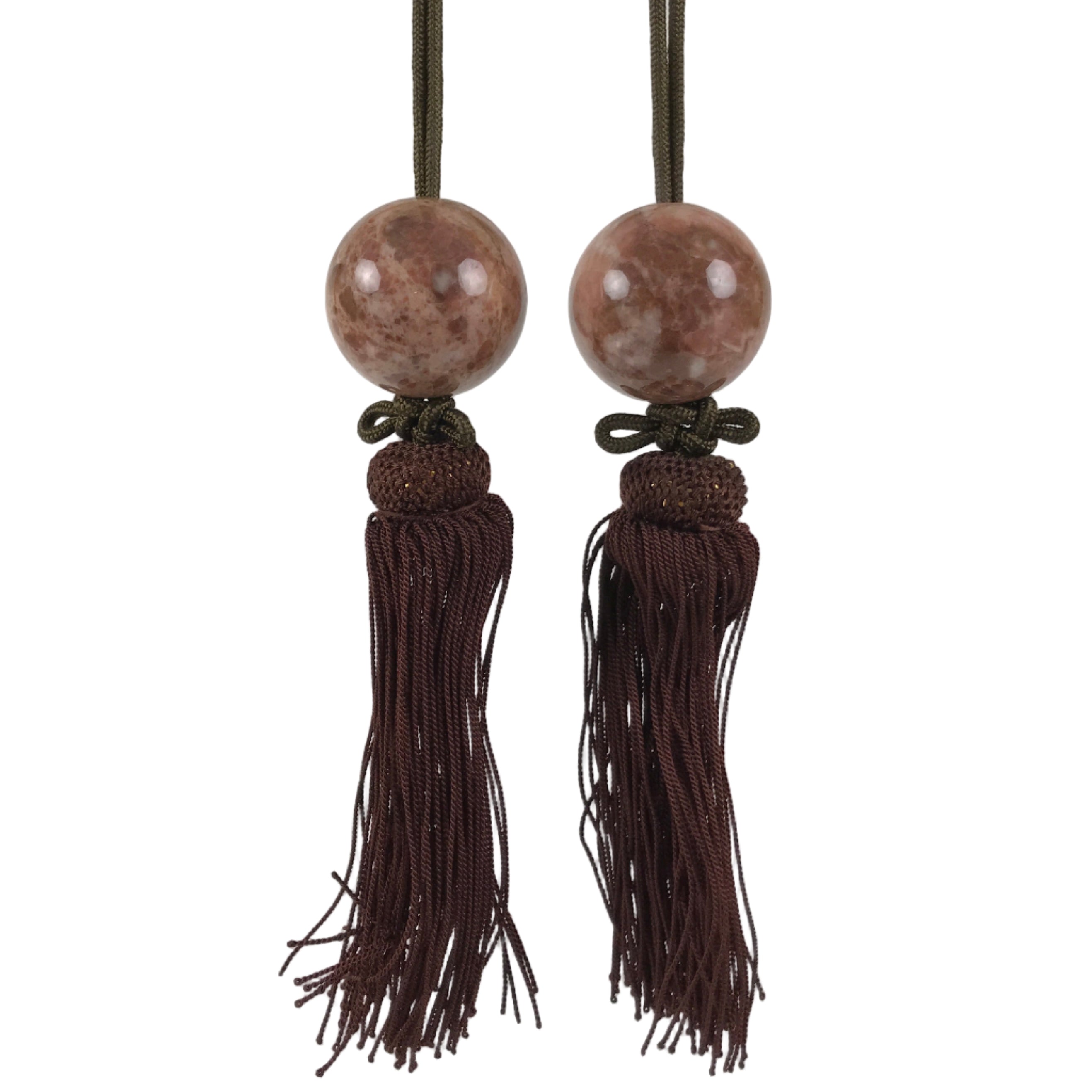 Japanese Pink Stone Hanging Scroll Weights Fuchin Kakejiku Brown Tassel FC364
