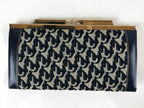 Japanese Pleather Woven Fabric Clutch Wallet Vtg Gamaguchi Clasp Blue Beige KB84