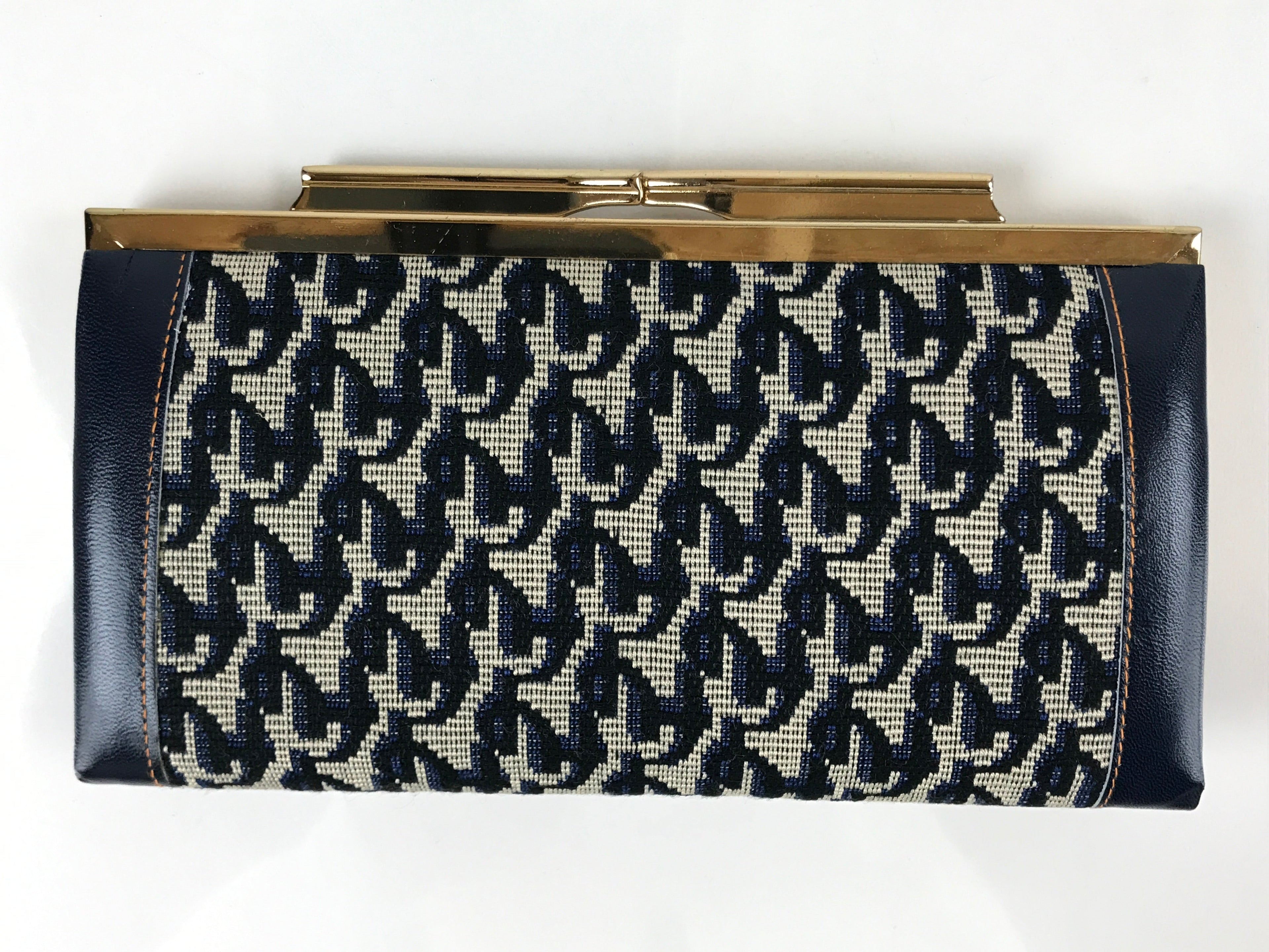 Japanese Pleather Woven Fabric Clutch Wallet Vtg Gamaguchi Clasp Blue Beige KB84