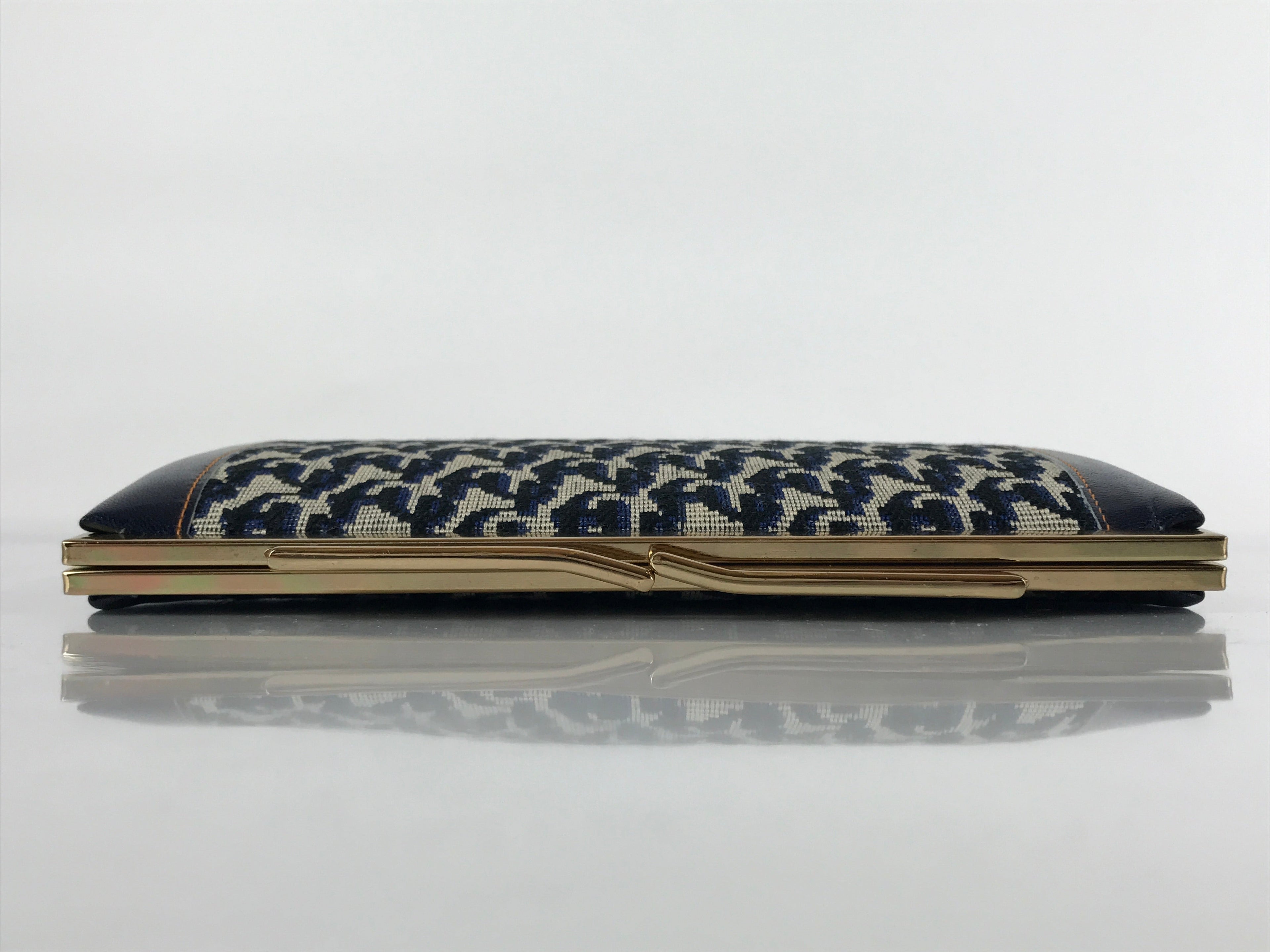 Japanese Pleather Woven Fabric Clutch Wallet Vtg Gamaguchi Clasp Blue Beige KB84