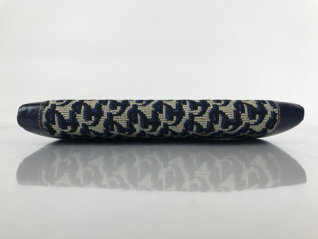 Japanese Pleather Woven Fabric Clutch Wallet Vtg Gamaguchi Clasp Blue Beige KB84