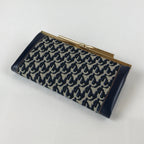 Japanese Pleather Woven Fabric Clutch Wallet Vtg Gamaguchi Clasp Blue Beige KB84