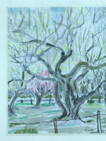 Japanese Plum Blossoms In Park Scene Pastel Drawing Original Art Unsigned FL302