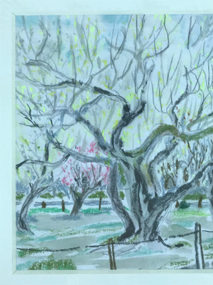 Japanese Plum Blossoms In Park Scene Pastel Drawing Original Art Unsigned FL302