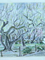 Japanese Plum Blossoms In Park Scene Pastel Drawing Original Art Unsigned FL302