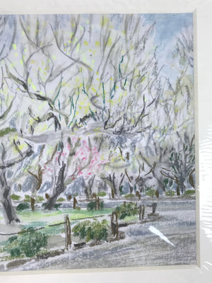 Japanese Plum Blossoms In Park Scene Pastel Drawing Original Art Unsigned FL302