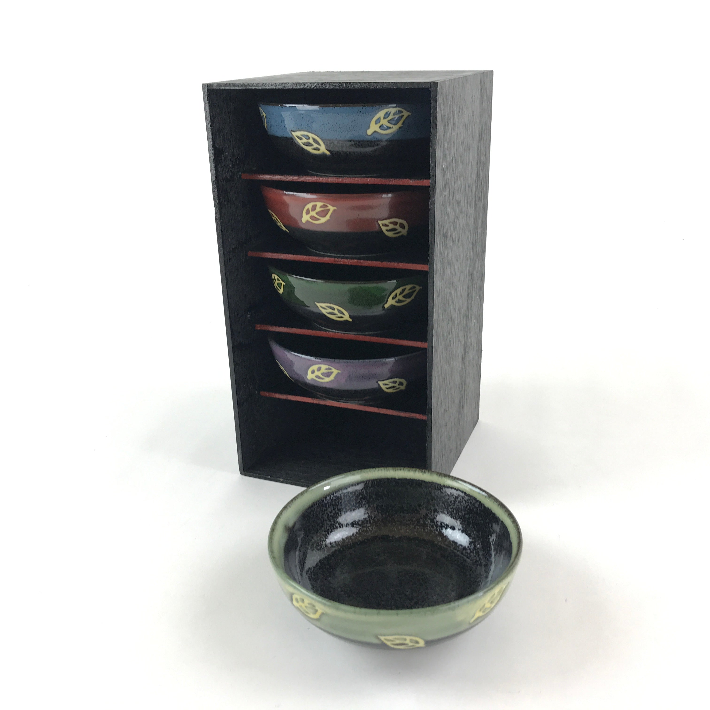 Japanese Porcelain 5pc Bowl Kobachi Black Brown Leaf Yuteki Tenmoku Glaze PX699