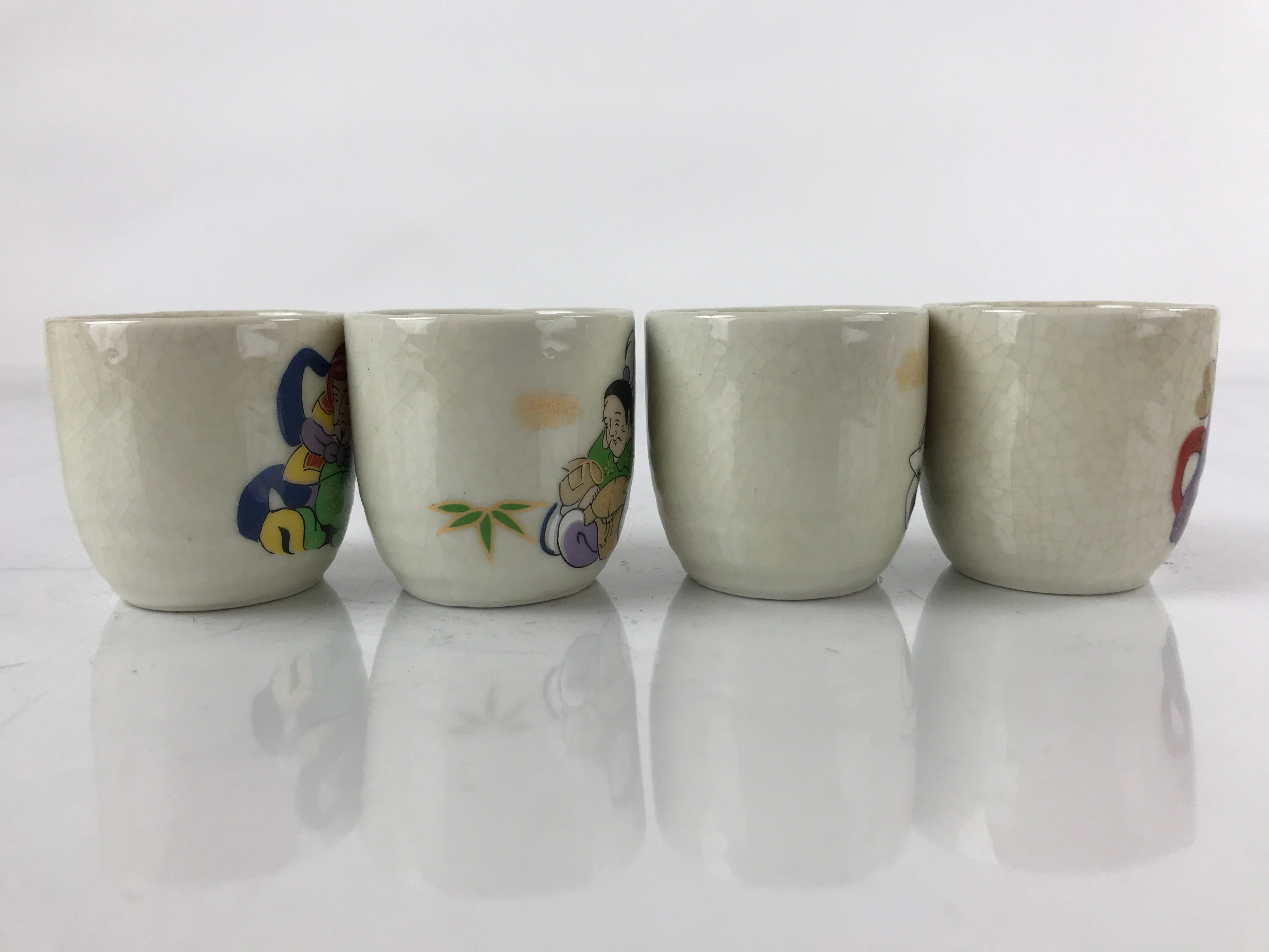 Japanese Porcelain 7 Luck Gods Sake Cup Set Vtg Tsubomi Ochoko Guinomi G153