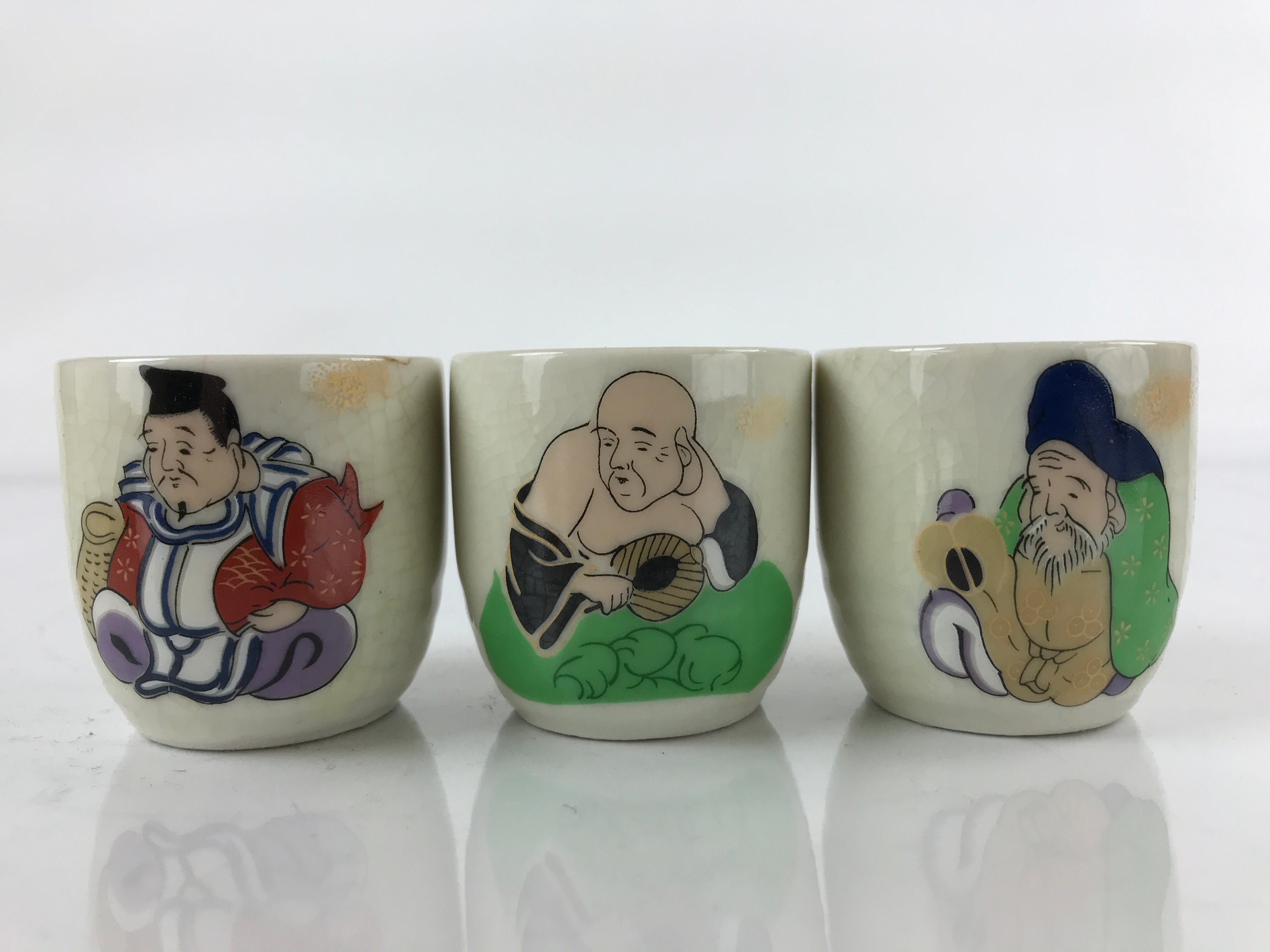 Japanese Porcelain 7 Luck Gods Sake Cup Set Vtg Tsubomi Ochoko Guinomi G153