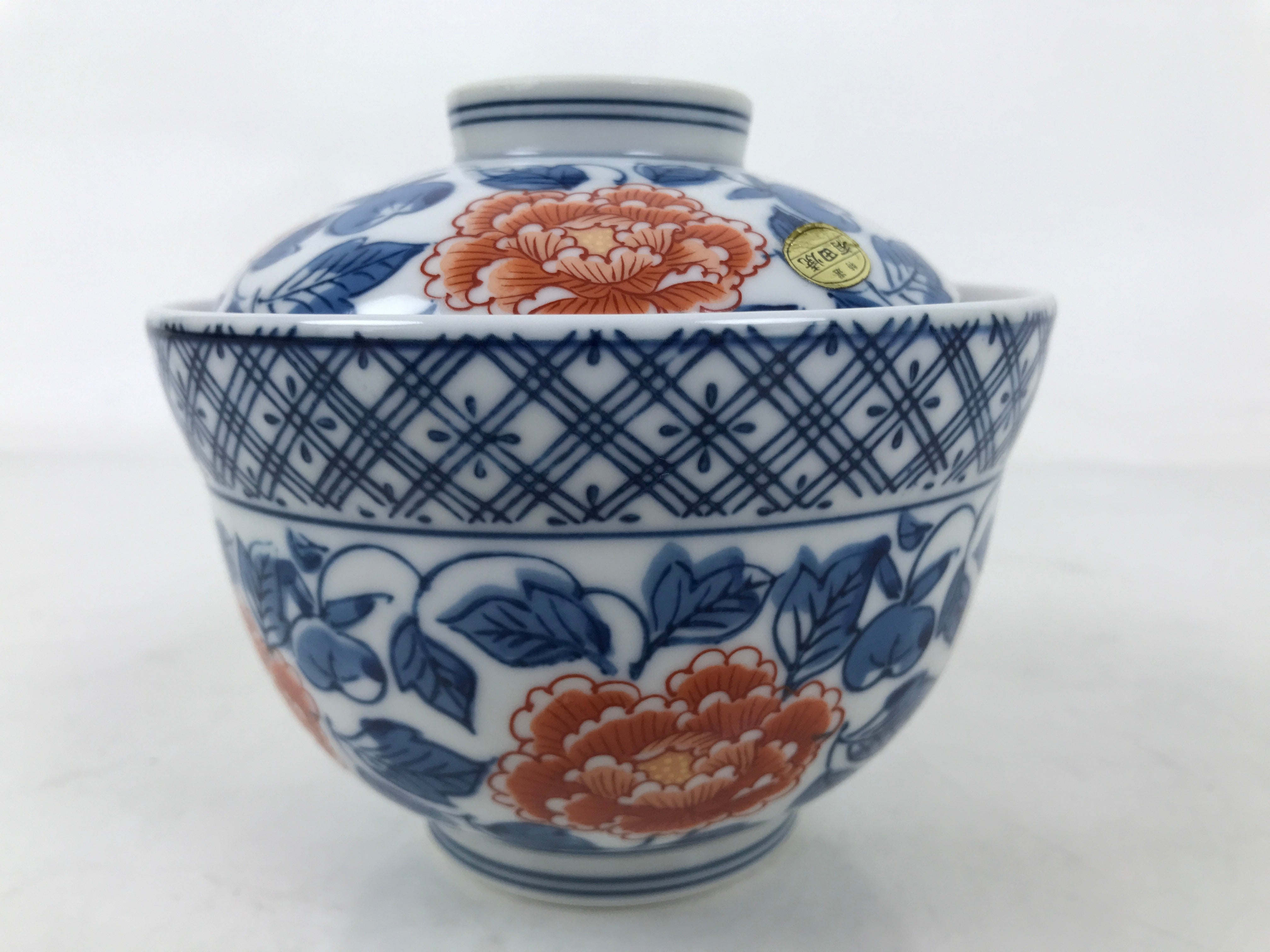 Japanese Porcelain Arita Ware Lidded Bowl Owan Vtg Pottery White Blue Peony Y421