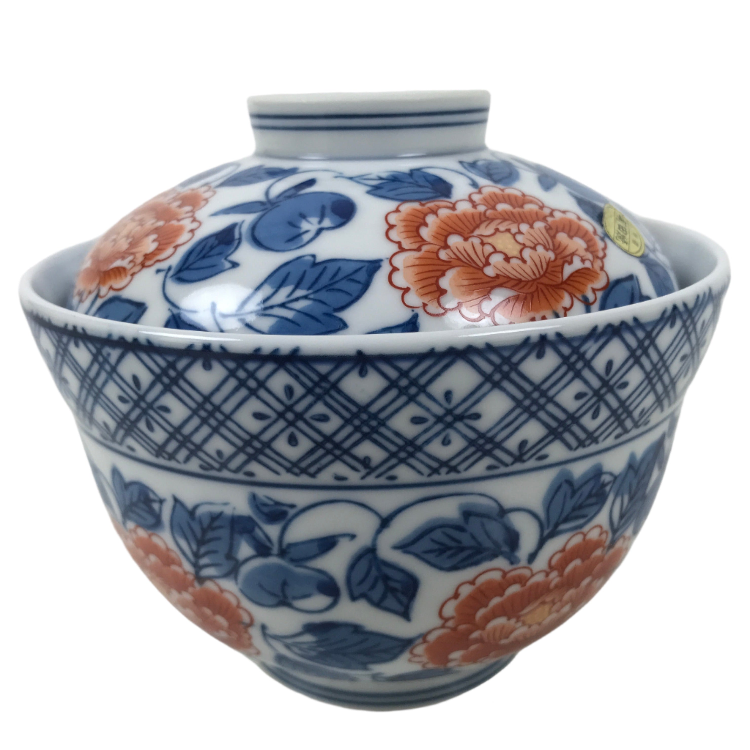 Japanese Porcelain Arita Ware Lidded Bowl Owan Vtg Pottery White Blue Peony Y421