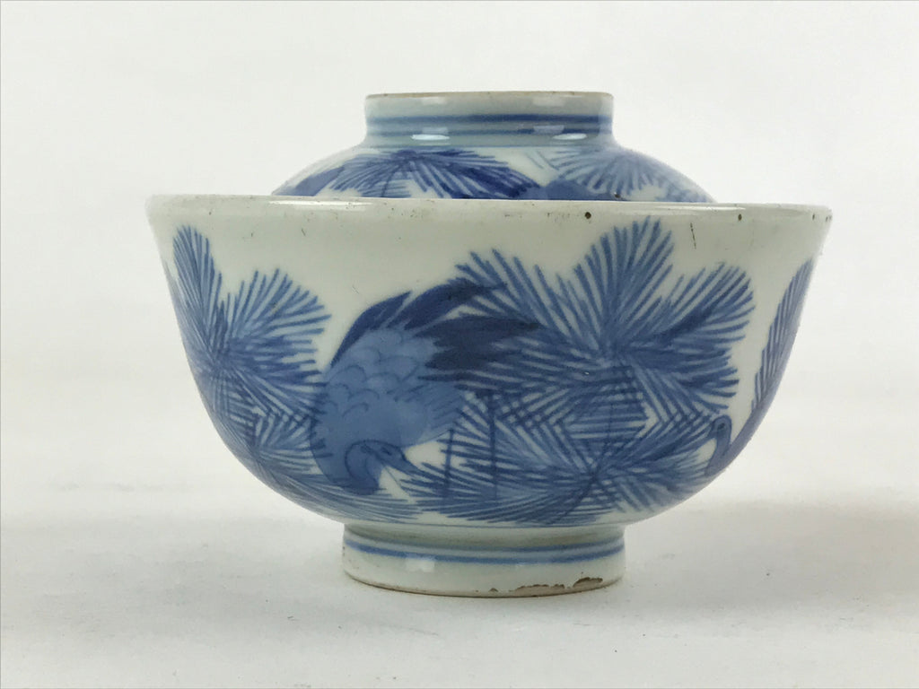 Japanese Porcelain Bowl Vtg Lidded Blue Birds Foliage Chawan Pottery PY496