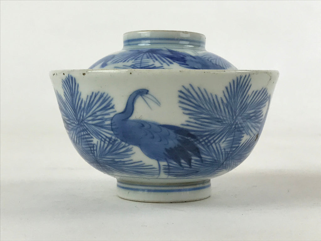 Japanese Porcelain Bowl Vtg Lidded Blue Birds Foliage Chawan Pottery PY496