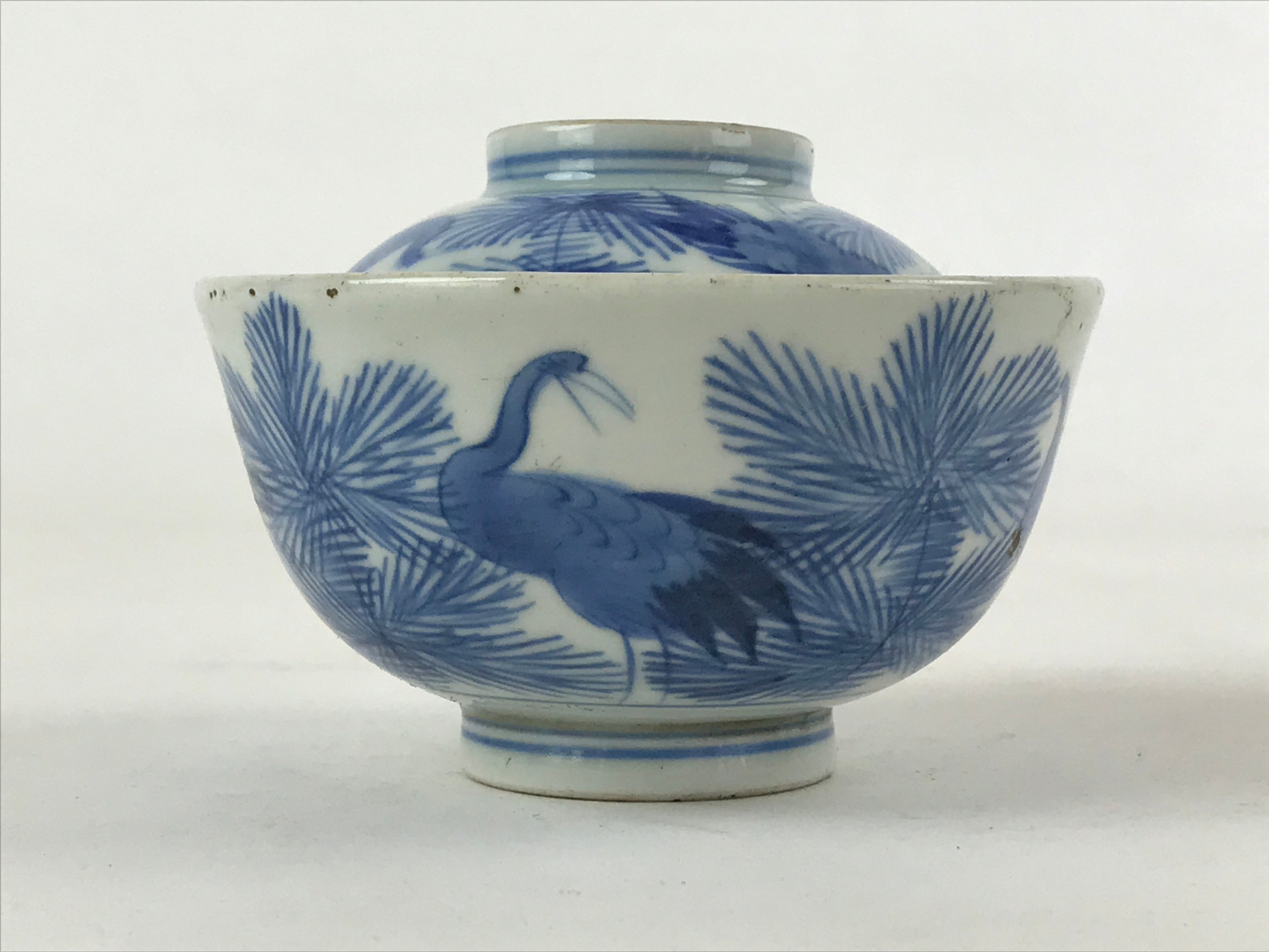 Japanese Porcelain Bowl Vtg Lidded Blue Birds Foliage Chawan Pottery PY496