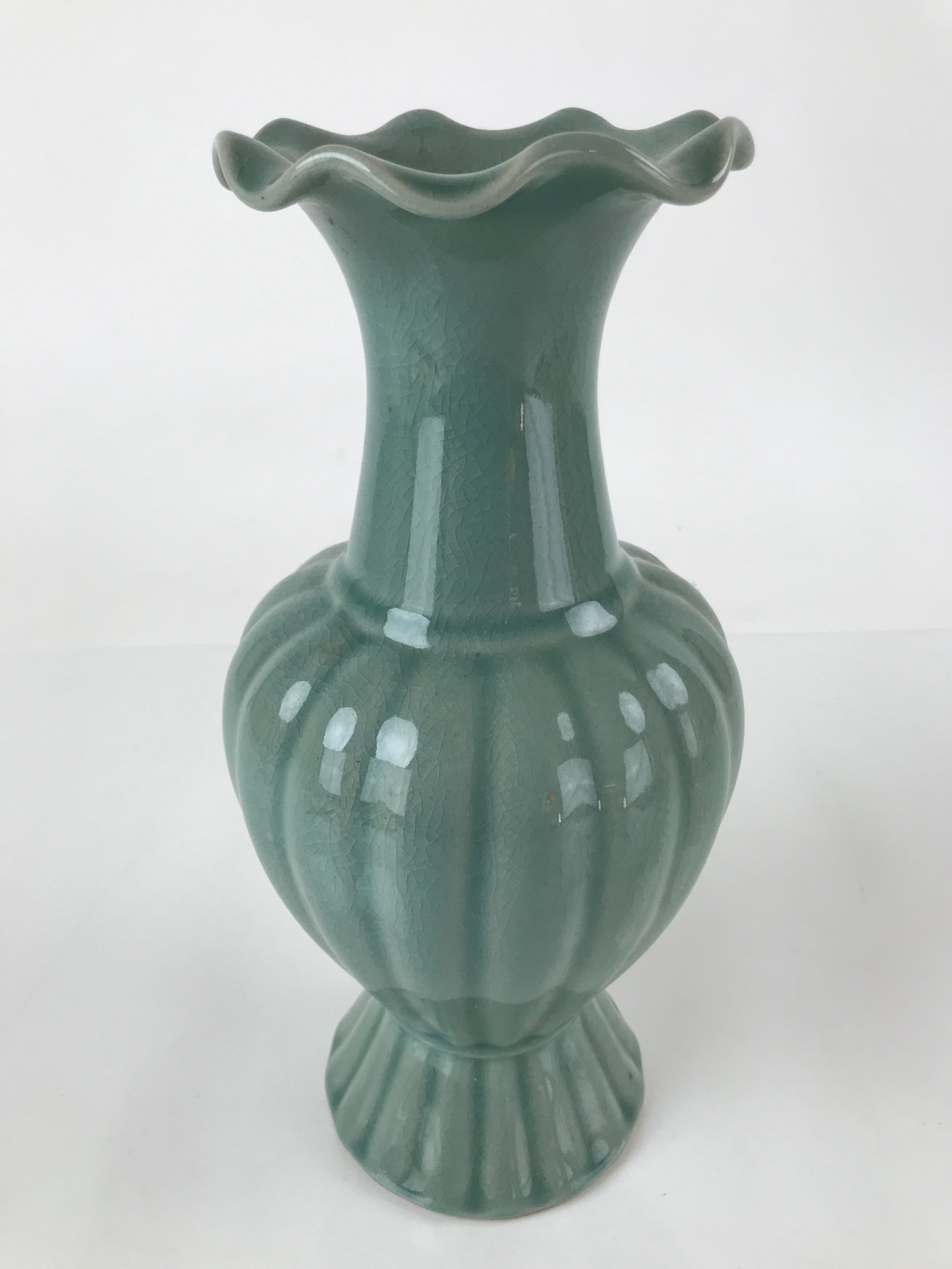 Japanese Porcelain Celedon Flower Vase Ikebana Kabin Crackle Glaze Green PX729