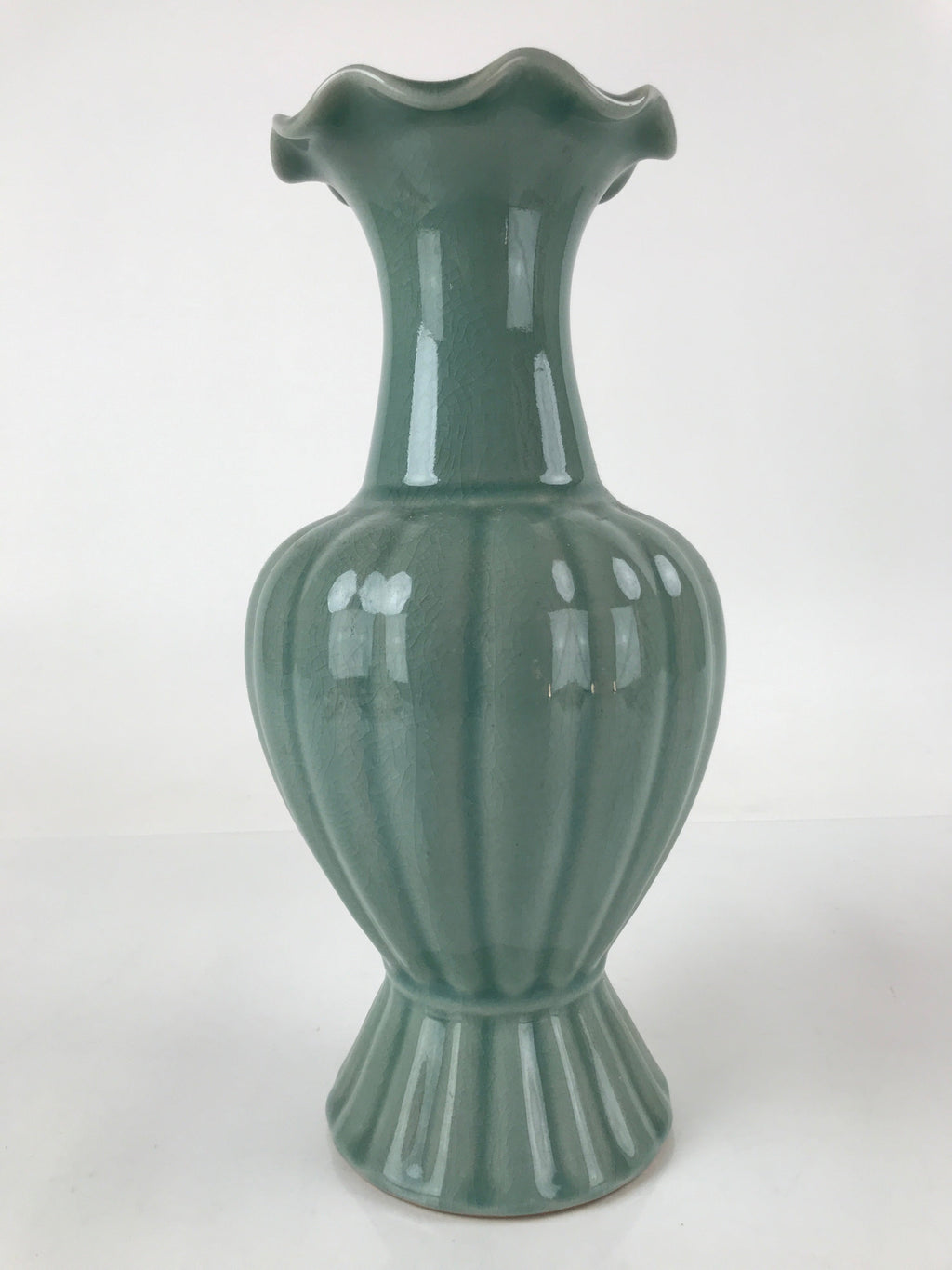 Japanese Porcelain Celedon Flower Vase Ikebana Kabin Crackle Glaze Green PX729
