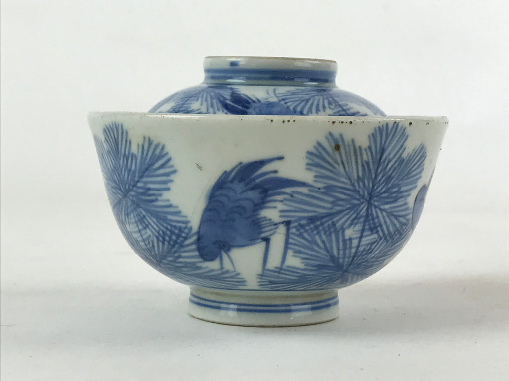 Japanese Porcelain Chawan Lidded Bowl Vtg Blue Birds Foliage Pottery PY497