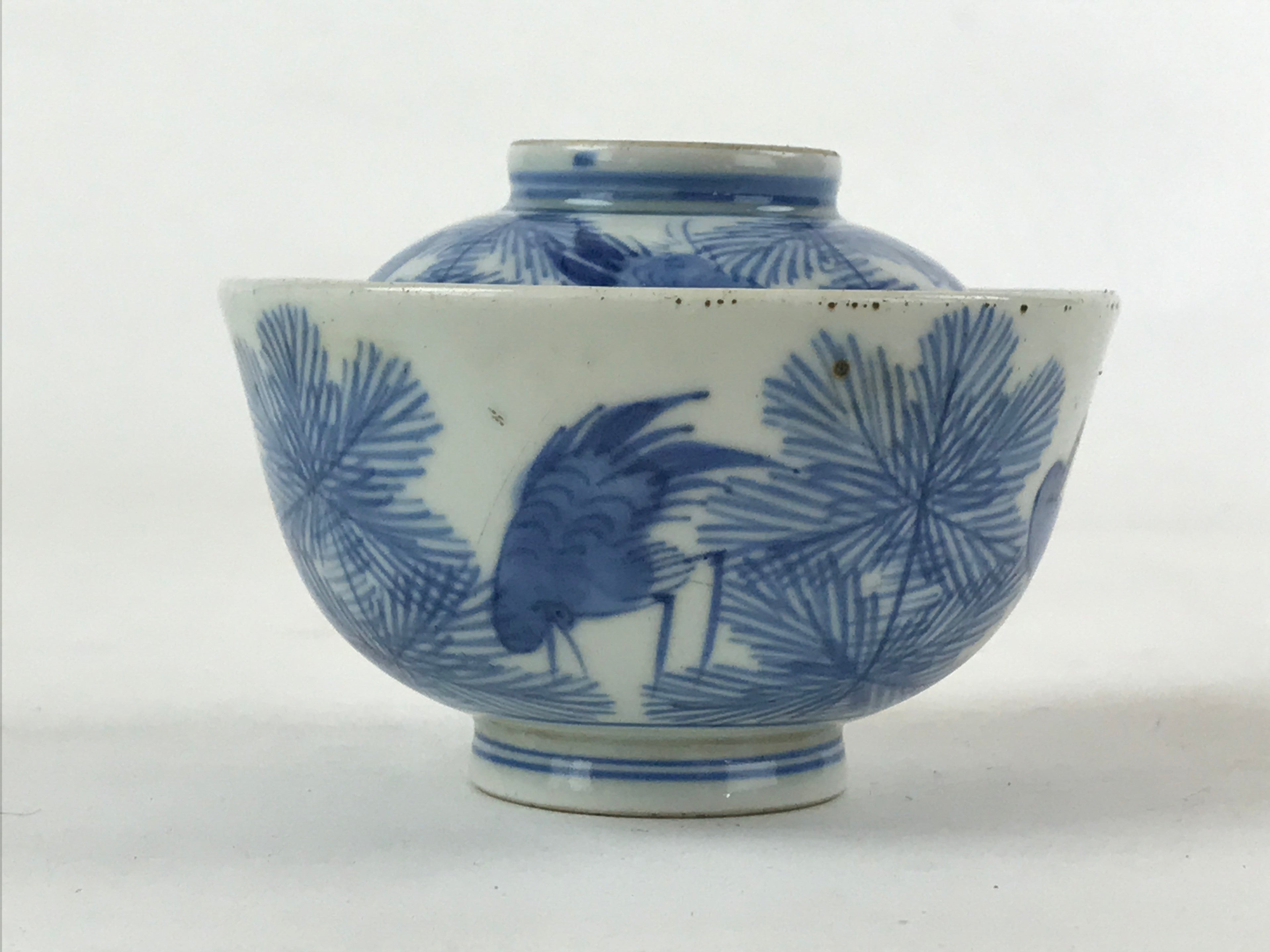 Japanese Porcelain Chawan Lidded Bowl Vtg Blue Birds Foliage Pottery PY497