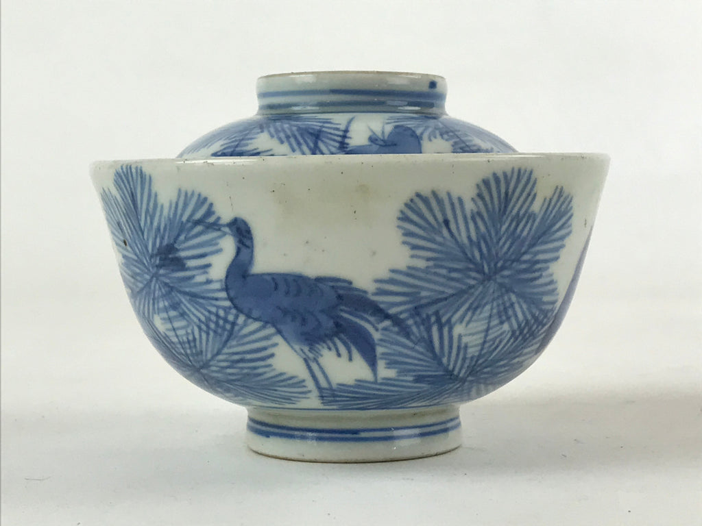 Japanese Porcelain Chawan Lidded Bowl Vtg Blue Birds Foliage Pottery PY497